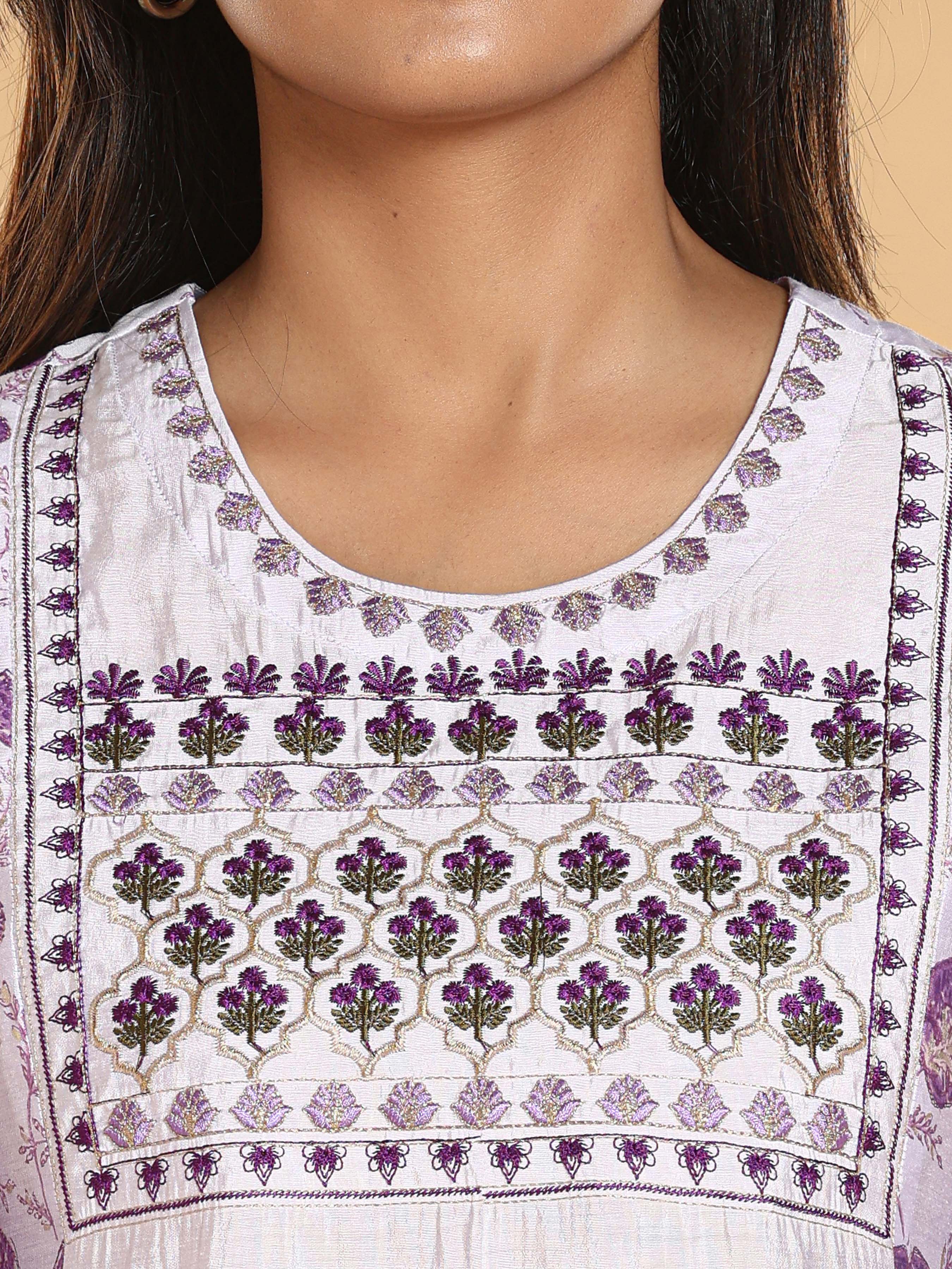 Lilac Blue Modal Chanderi Printed Kurti With Embroidery