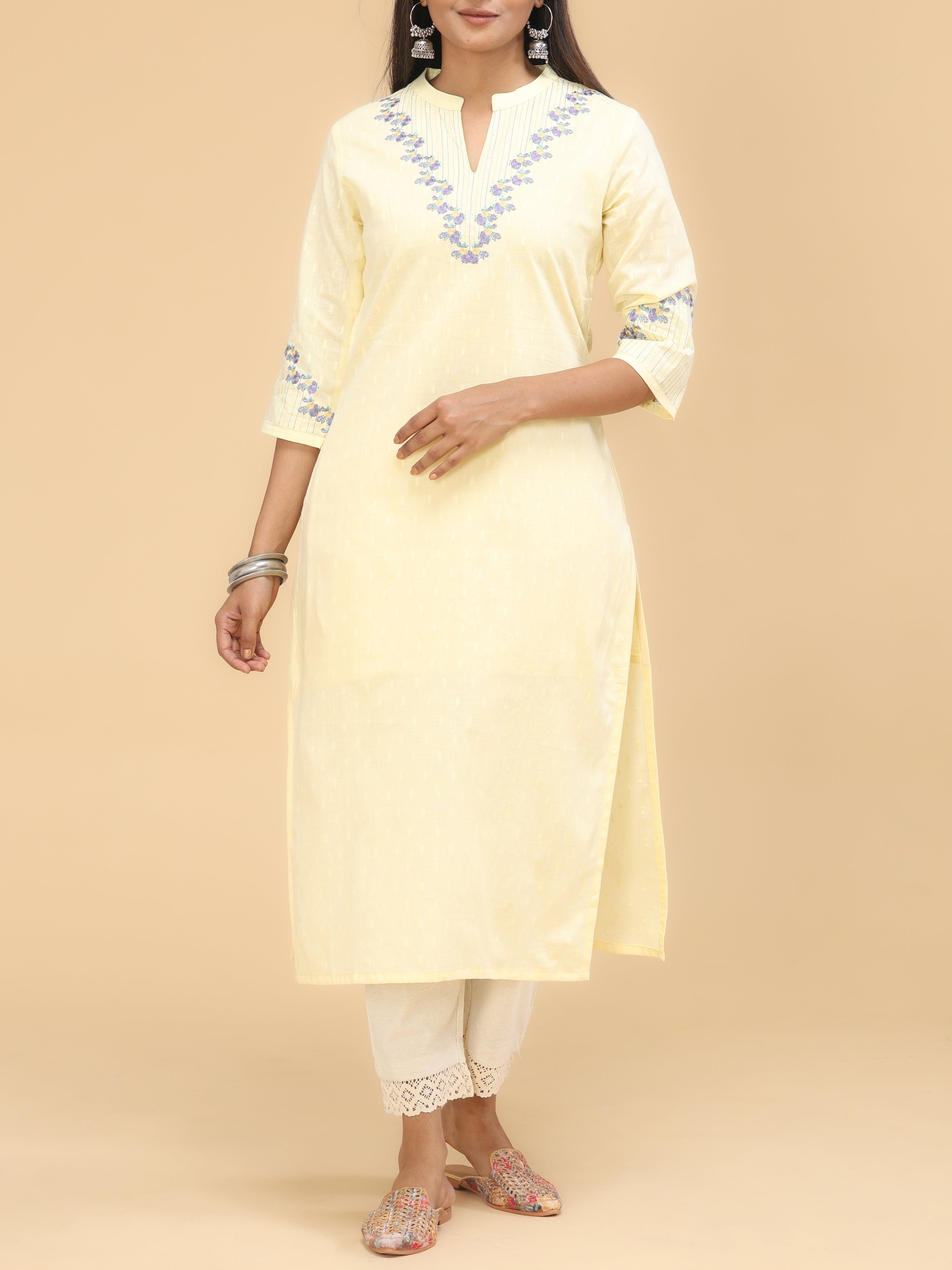 Pale Yellow Cotton Plain Kurti With Embroidery