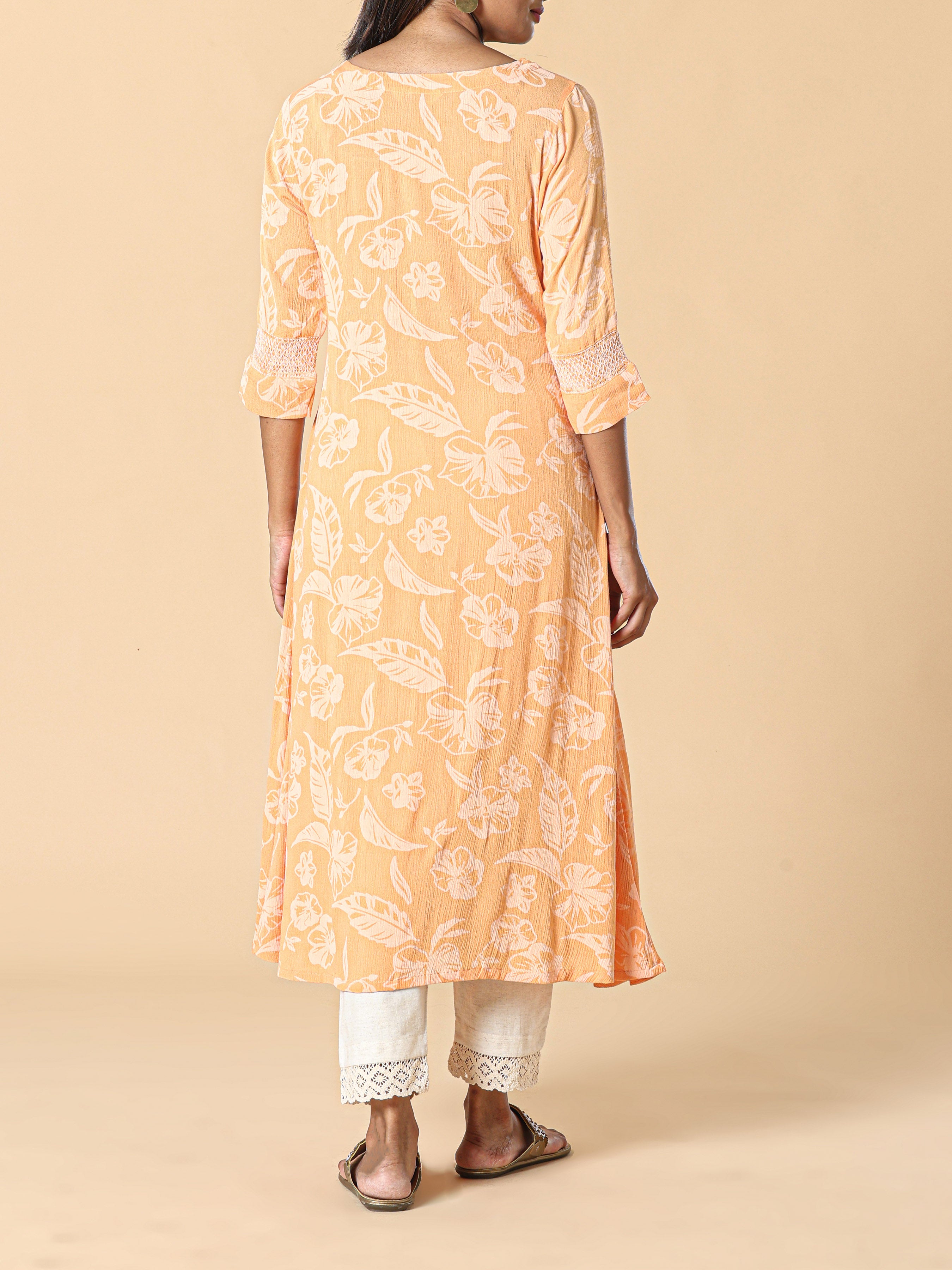 Yellow Wrinkled Rayon Kurti With Print