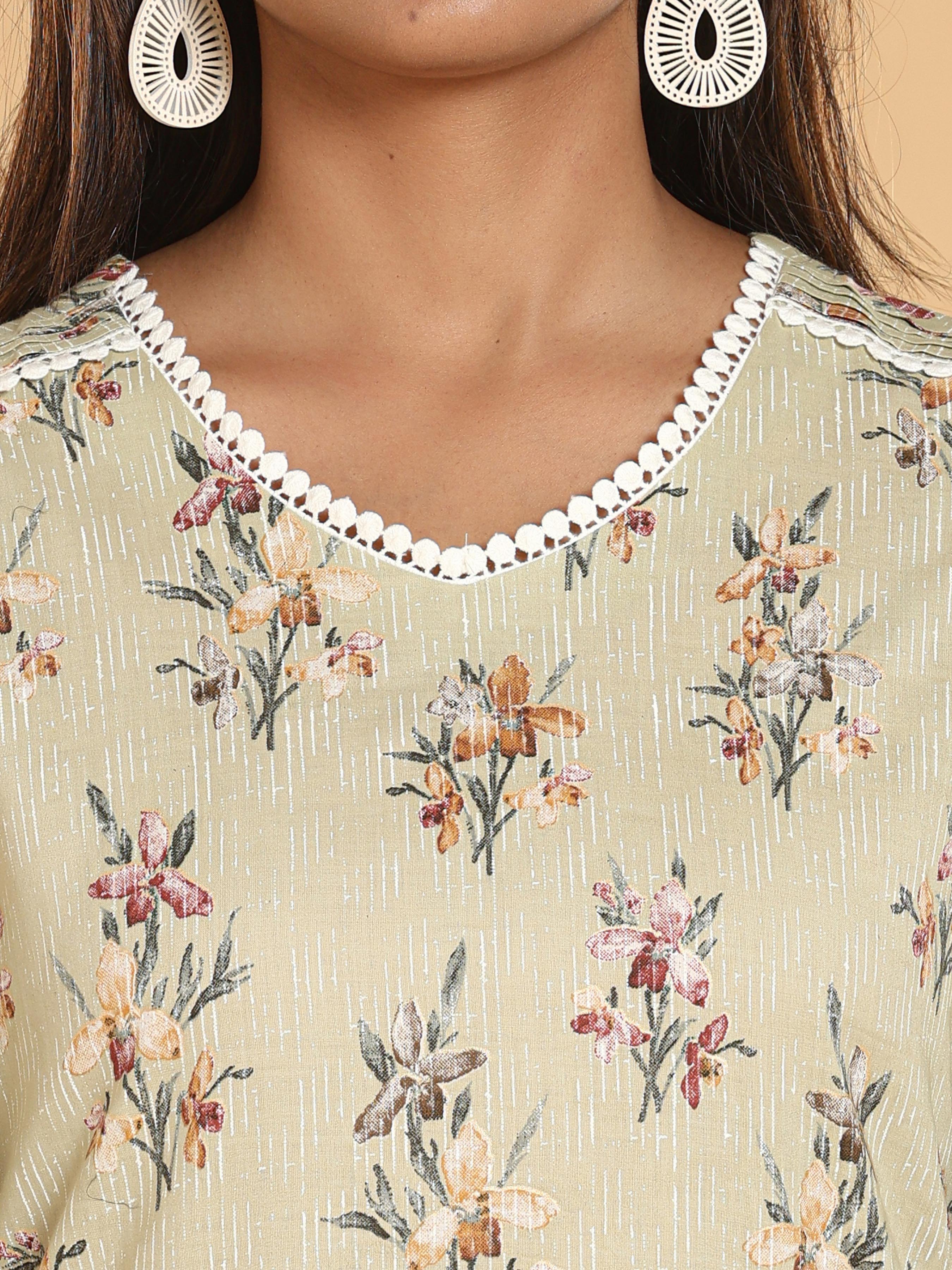 Pale Green Pure Cotton Kurti With Lace Detailing