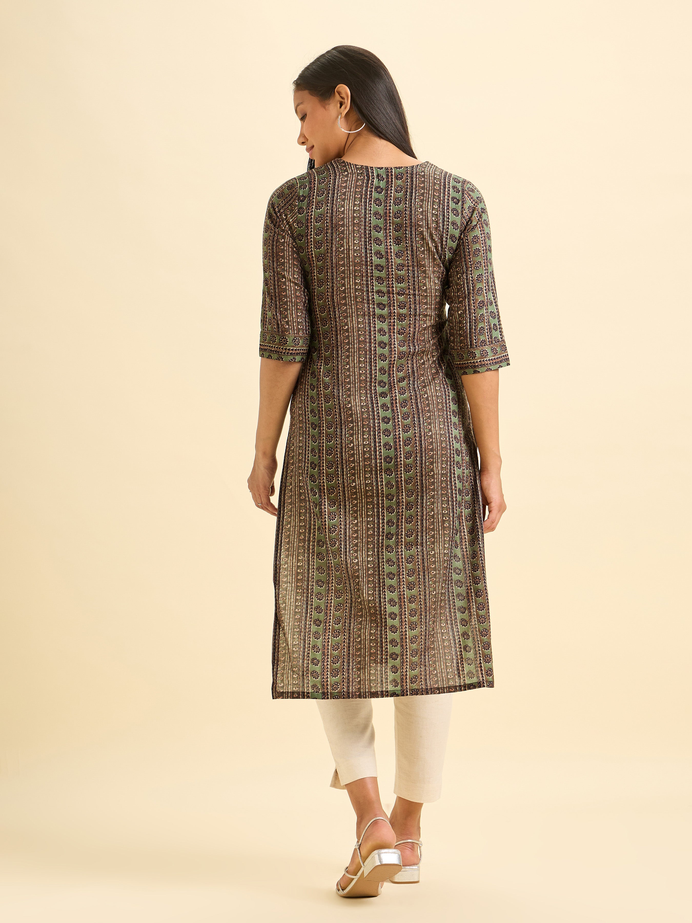 Olive Green Pure Cotton Printed Slit Kurti With Sequins Work