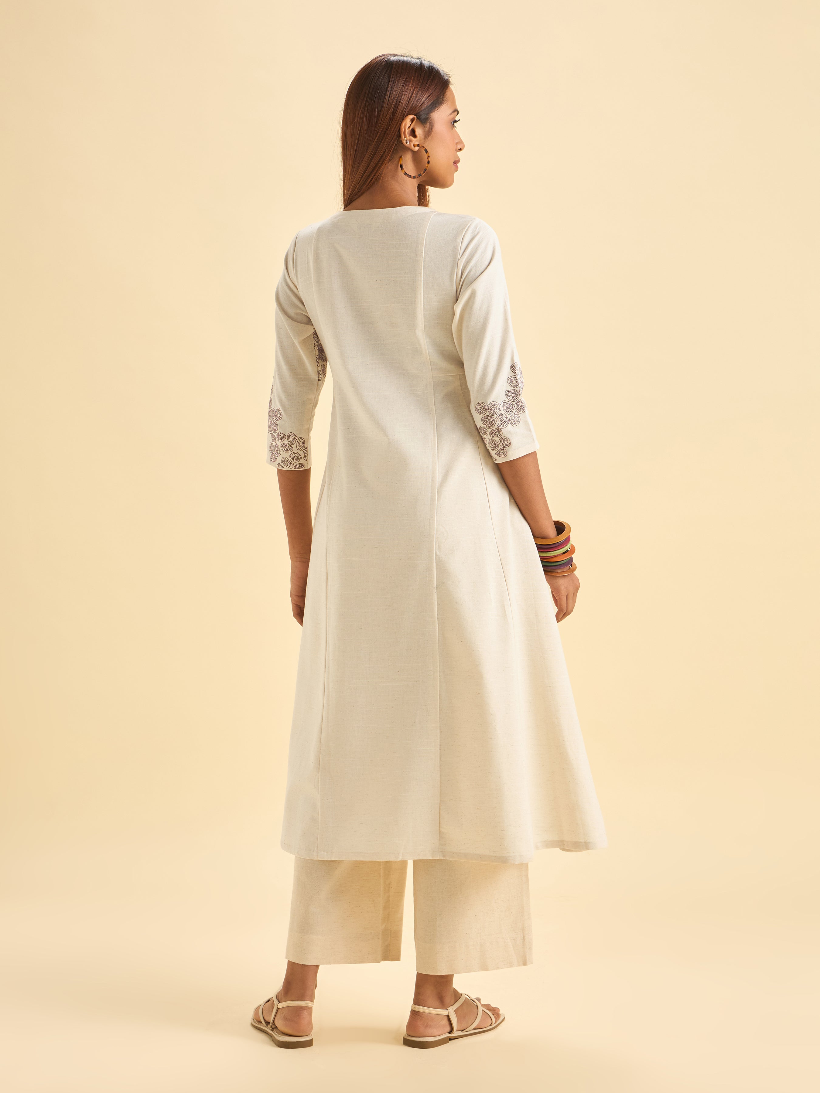 Ivory Cotton Flax Slub Flared Centre Panel Kurti