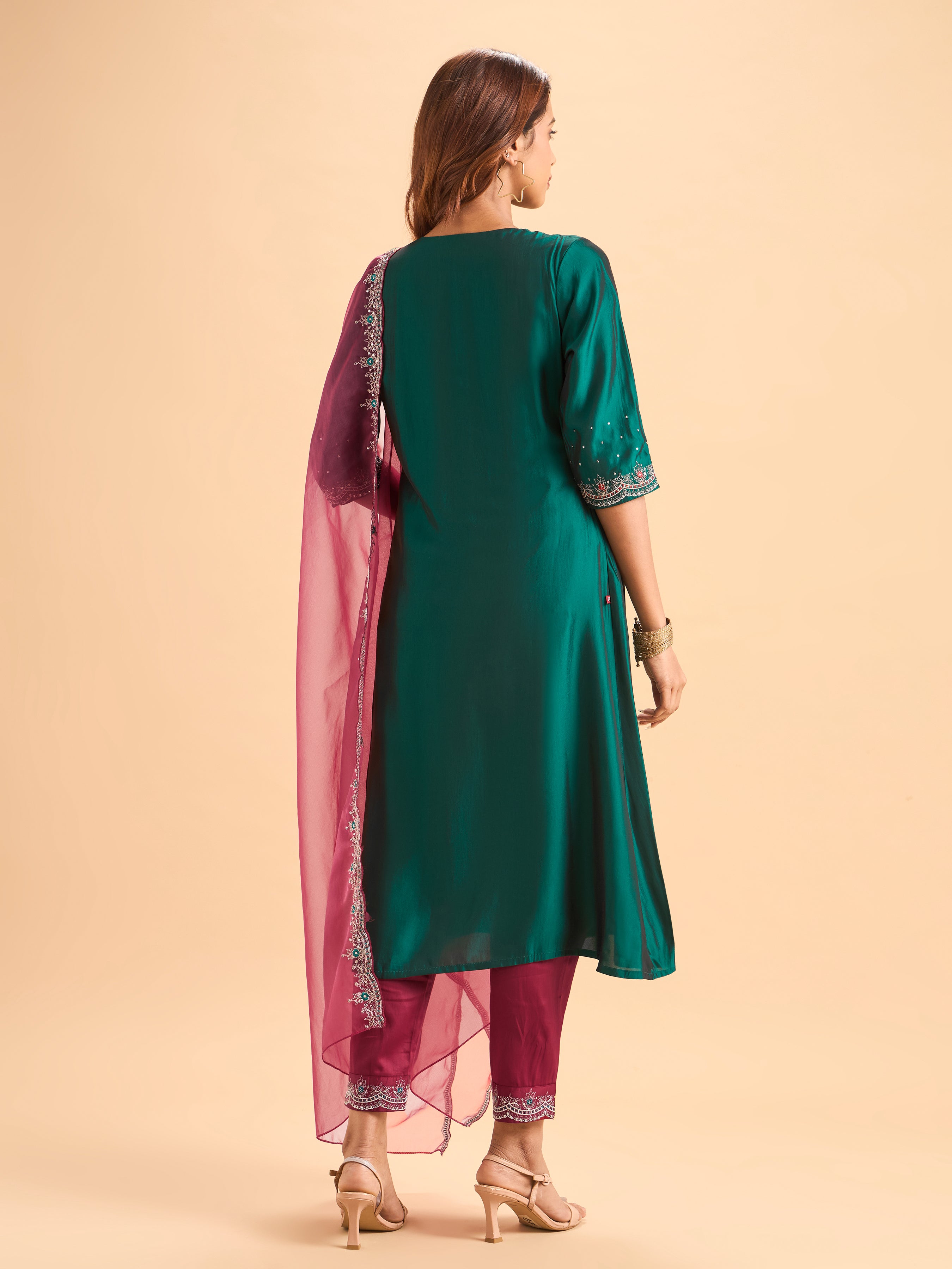 Teal Green Viscose Blend Kurti Set With Dupatta & Sequins Embroidery