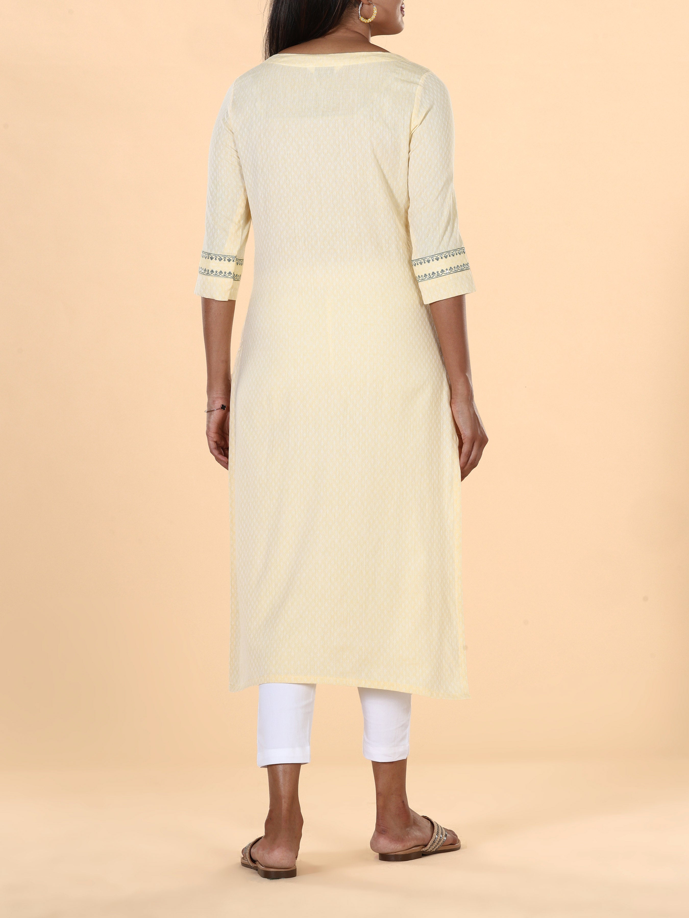 Pale Yellow Cotton Dobby Plain Kurti With Cording Embroidery