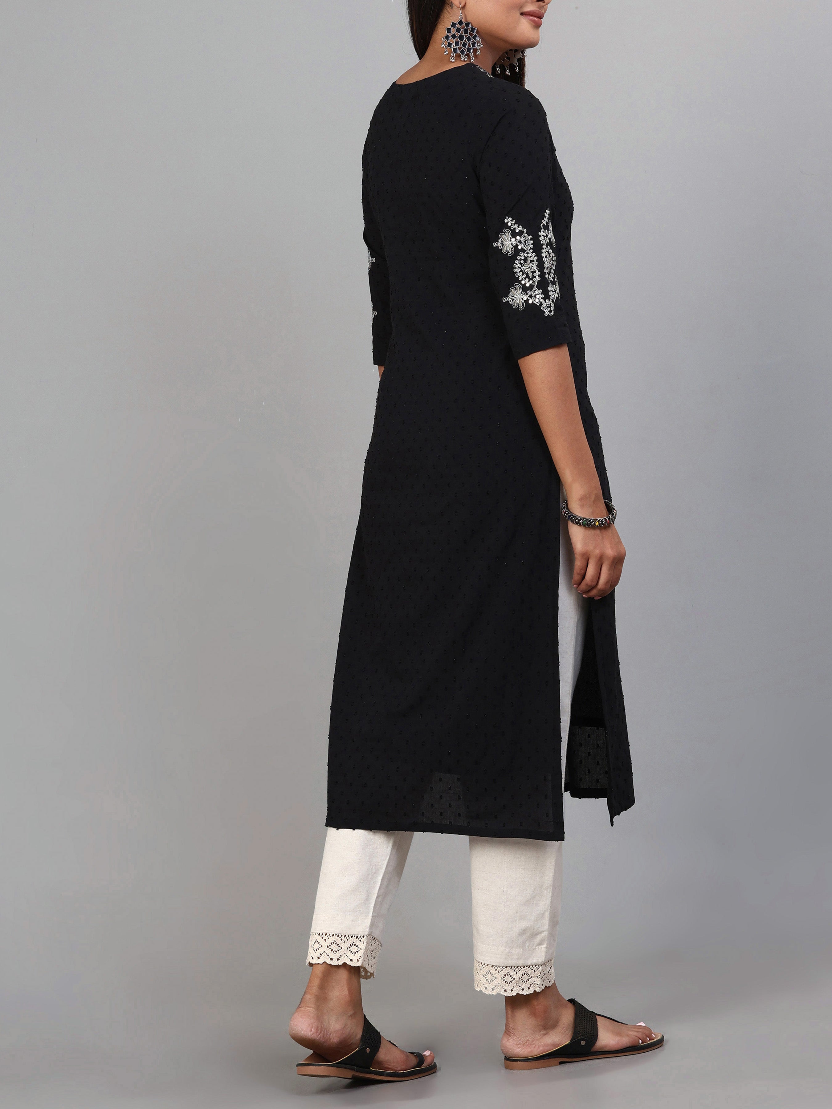 Black Cotton Dobby Kurti With Embroidery
