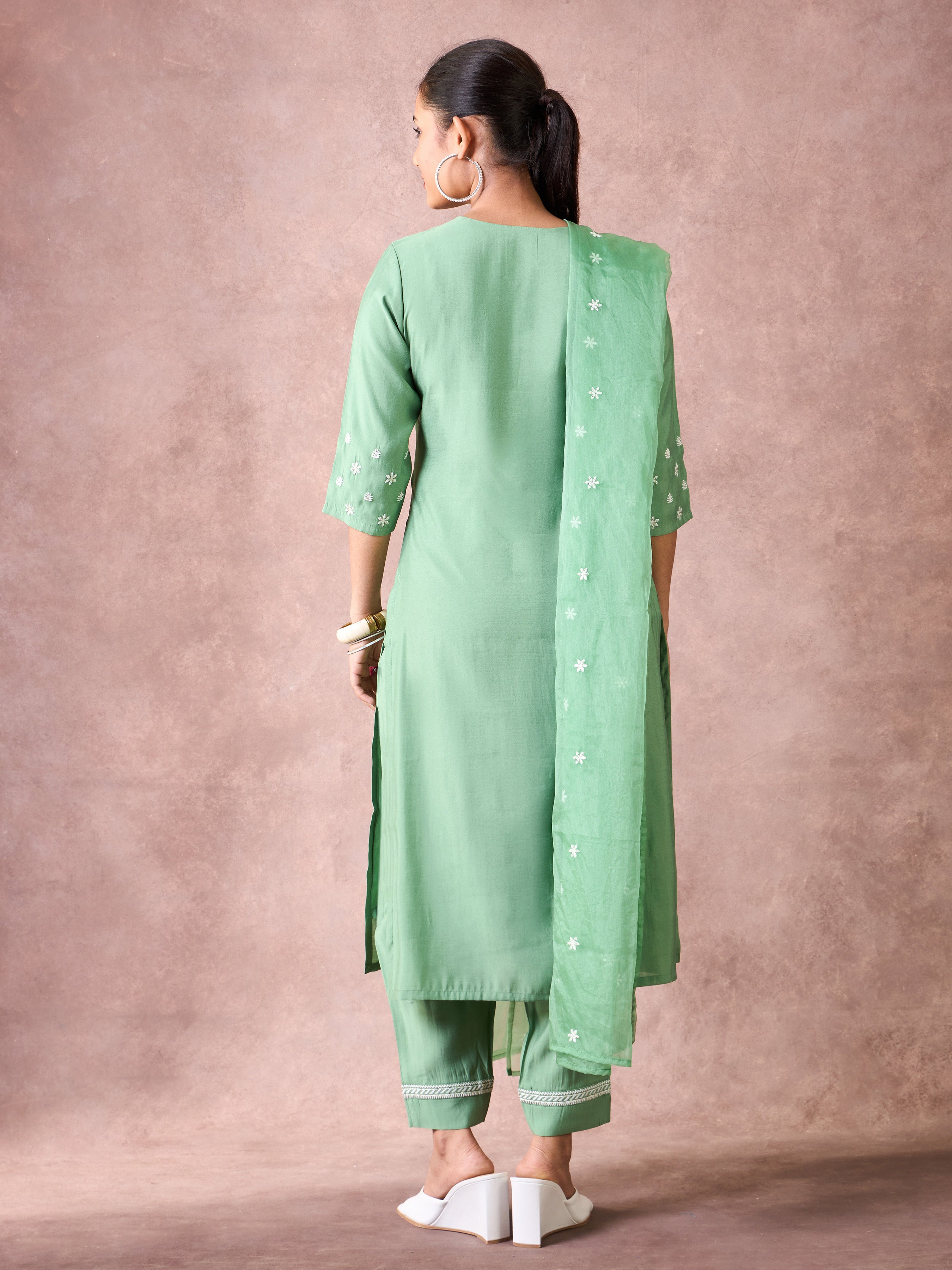 Mint Green Viscose Blend Kurti Set & Dupatta With Embroidery