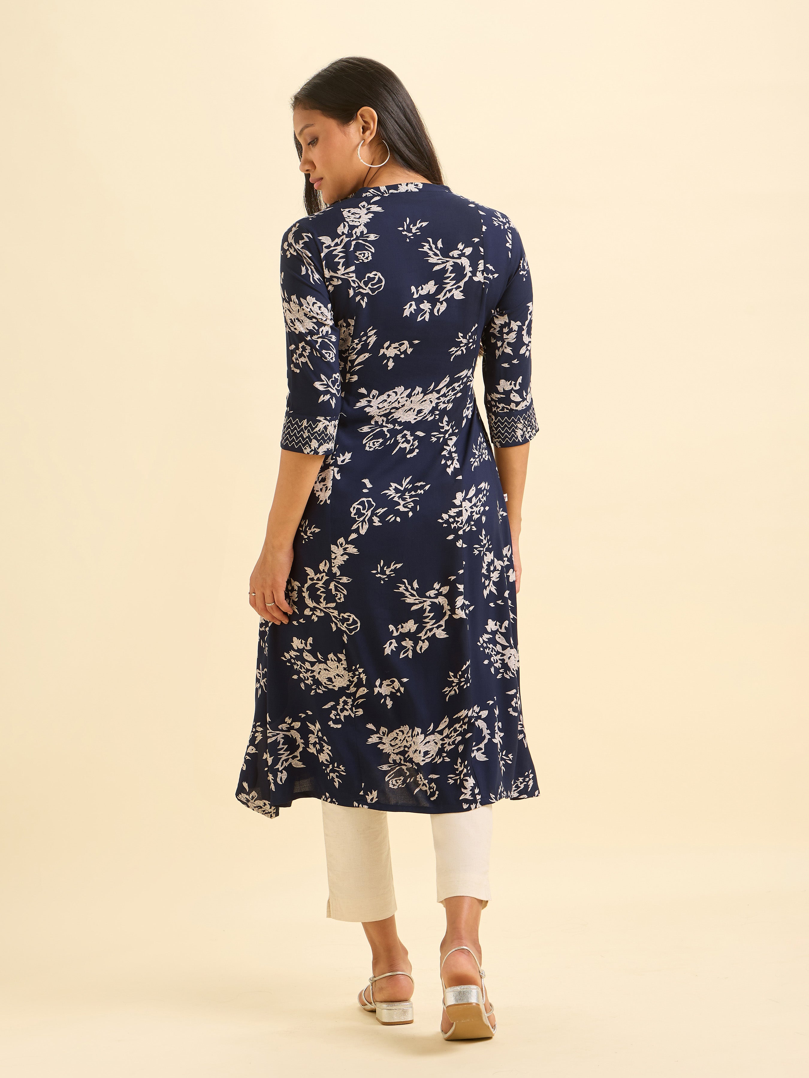 Navy Blue And Ivory Viscose Printed Flared Kurti With Smocking Embroidery