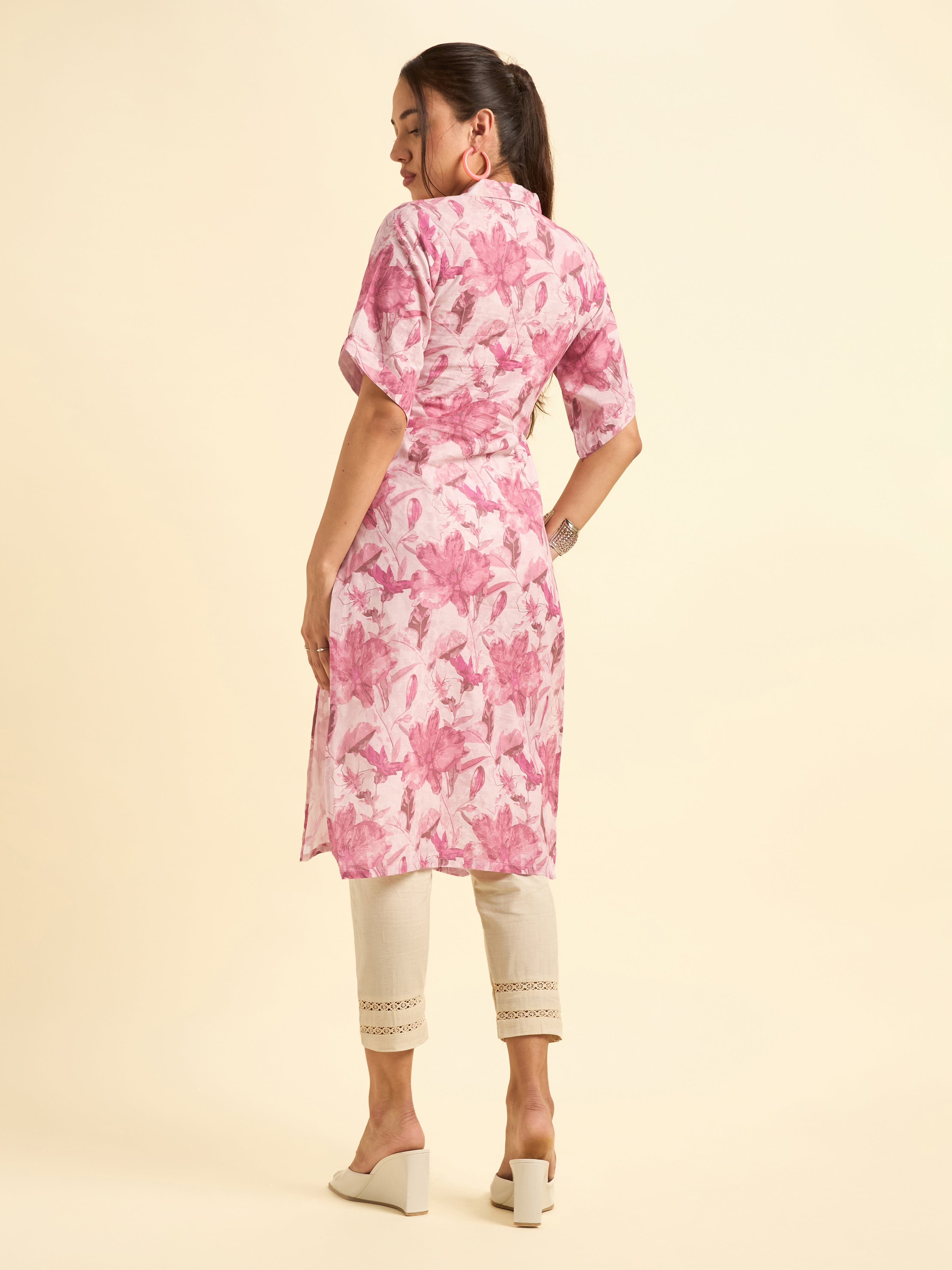 Blush Pink Cotton Slub Slited Printed Kurti With Full Placket