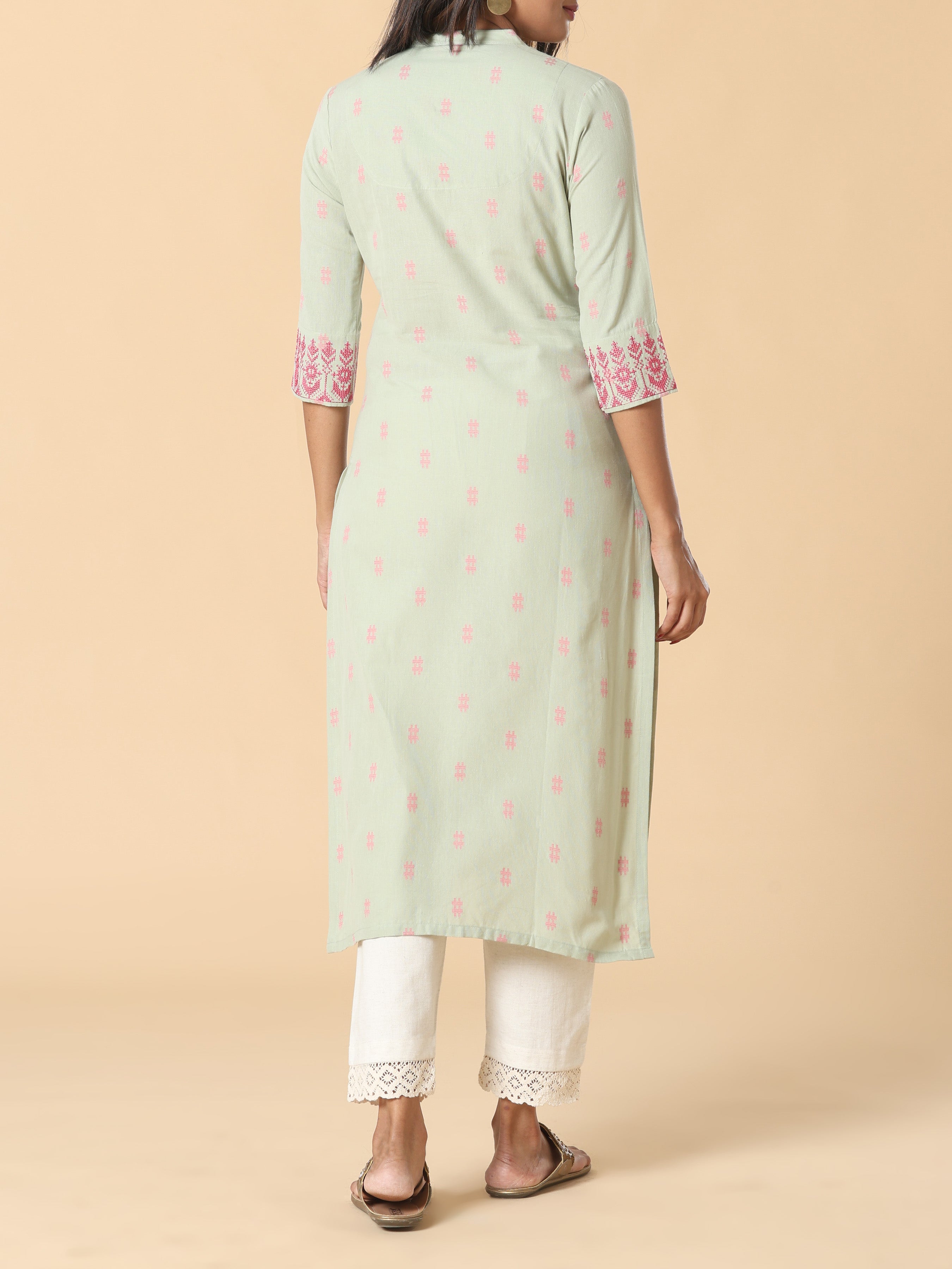 Pista Green Cotton Dobby Kurti With Embroidery