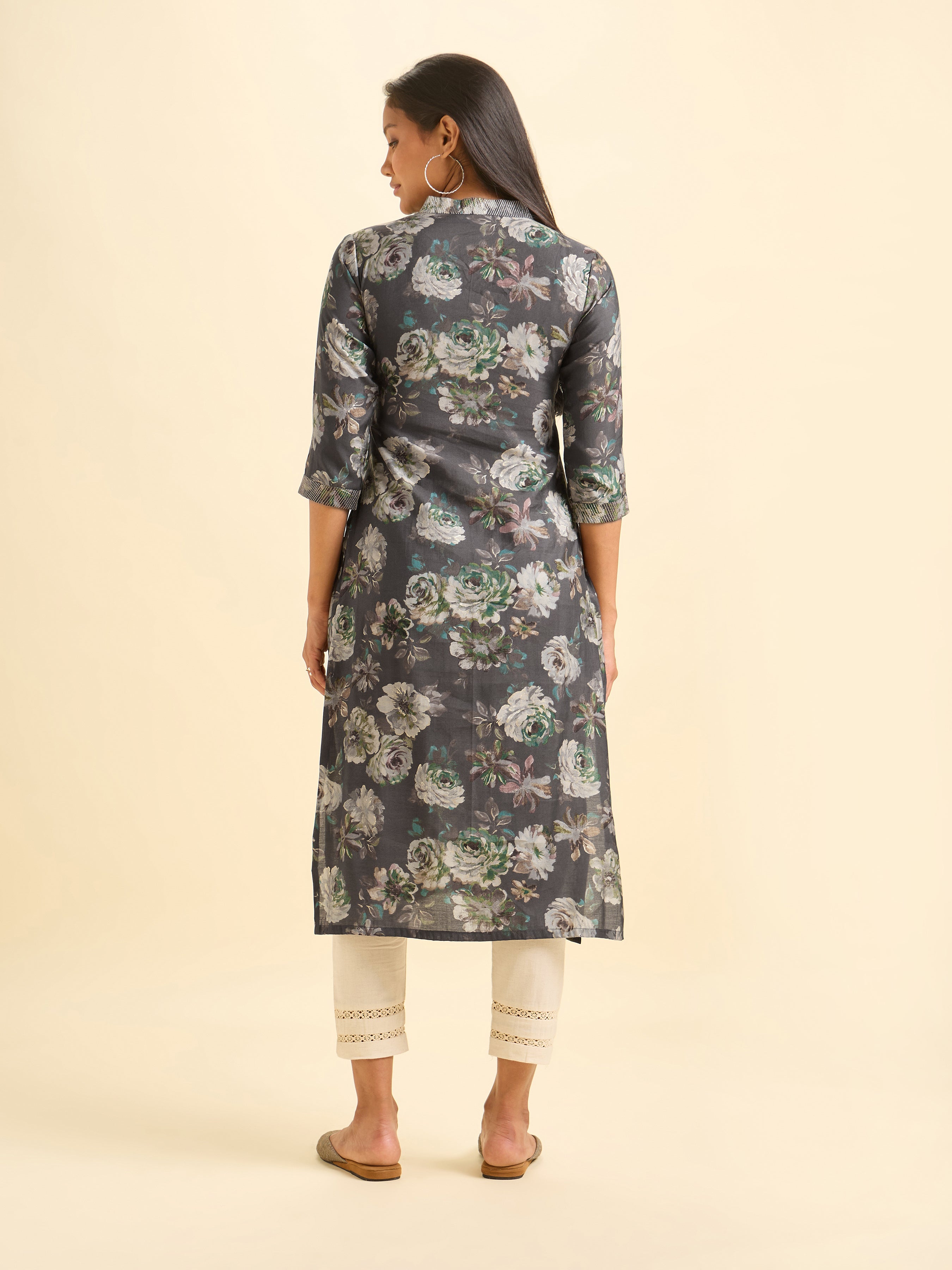 Dark Grey Modal Chanderi Printed Slited Kurti With Embroidery
