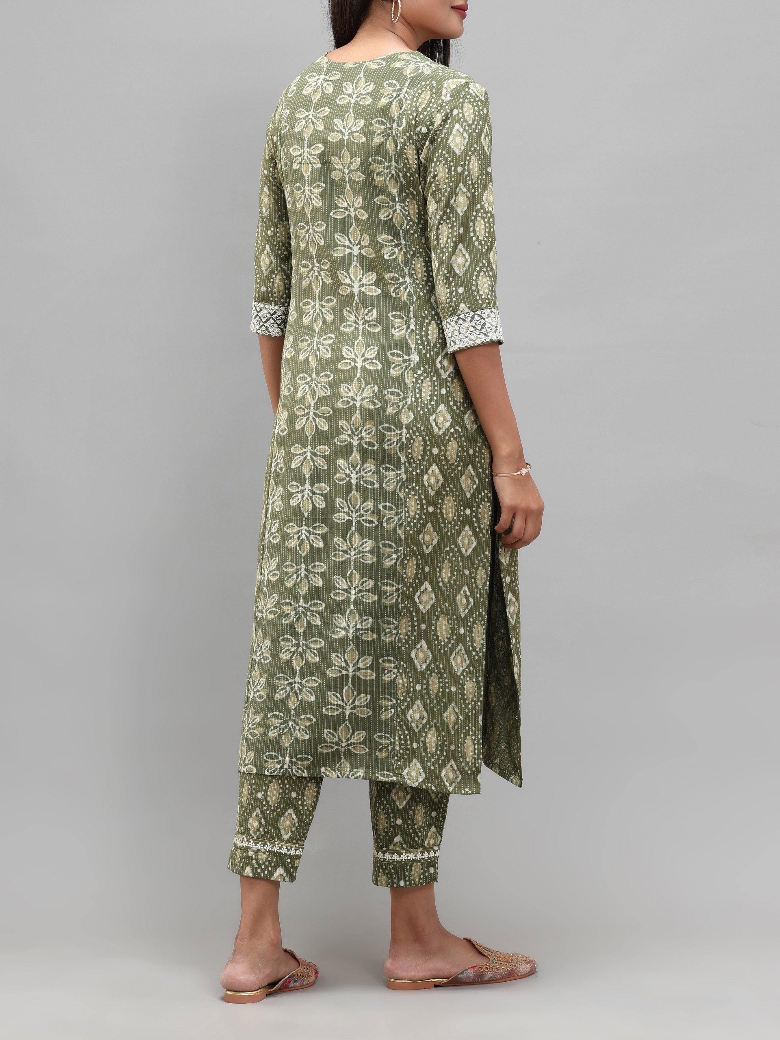 Olive Green Pure Cotton Printed Kurti With Embroidery And Matching Bottom