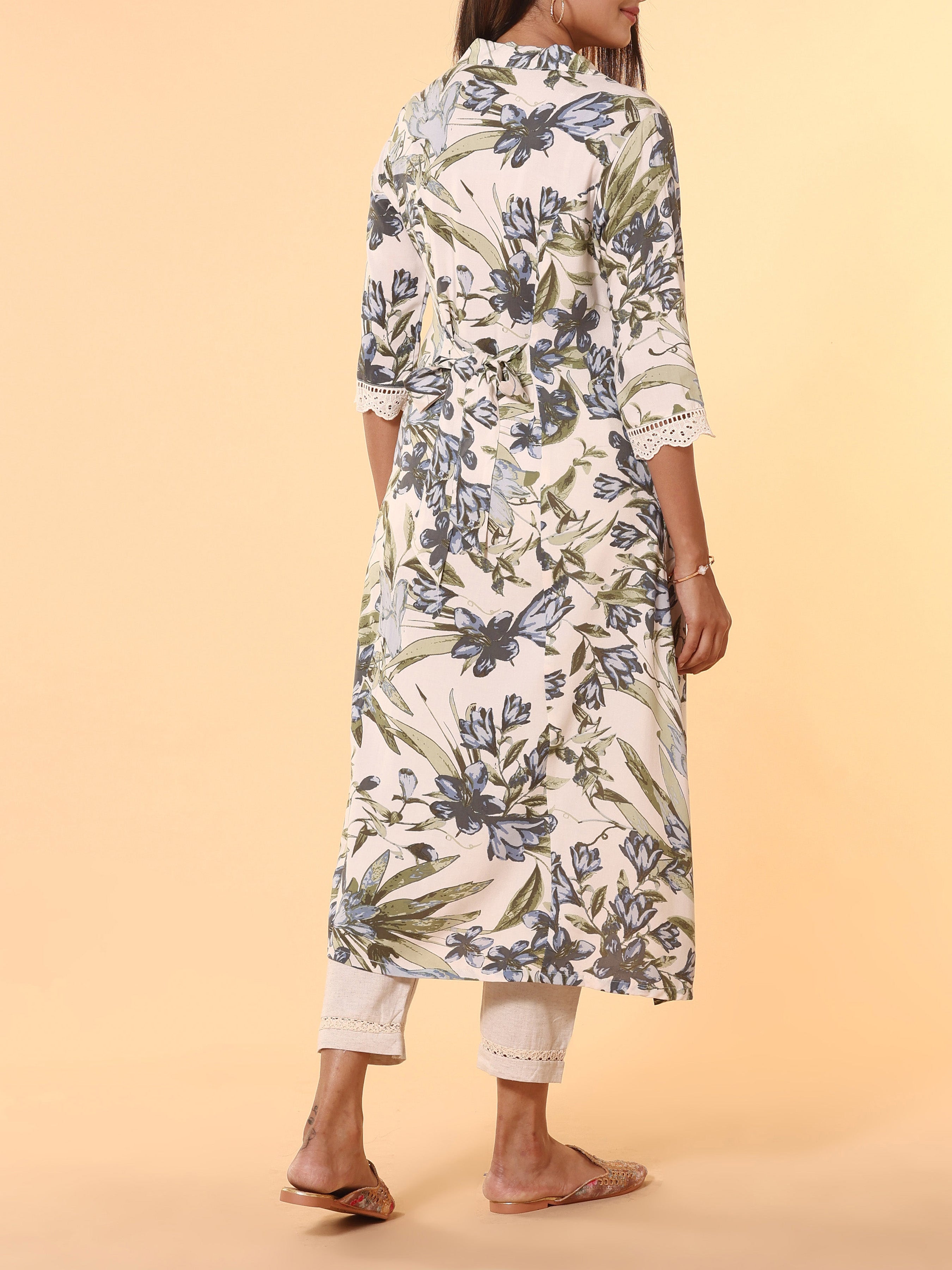 Multicolour Viscose Printed Kurti With Lace Detailing