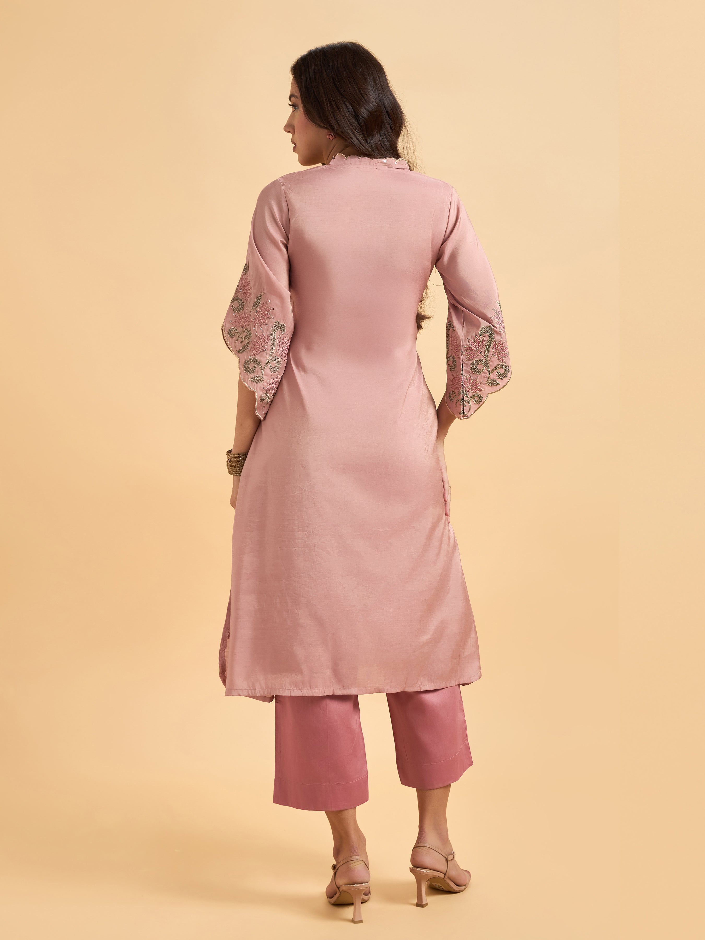 Blush Pink Viscose Shimmer Plain Kurti Set With Sequins Embroidery