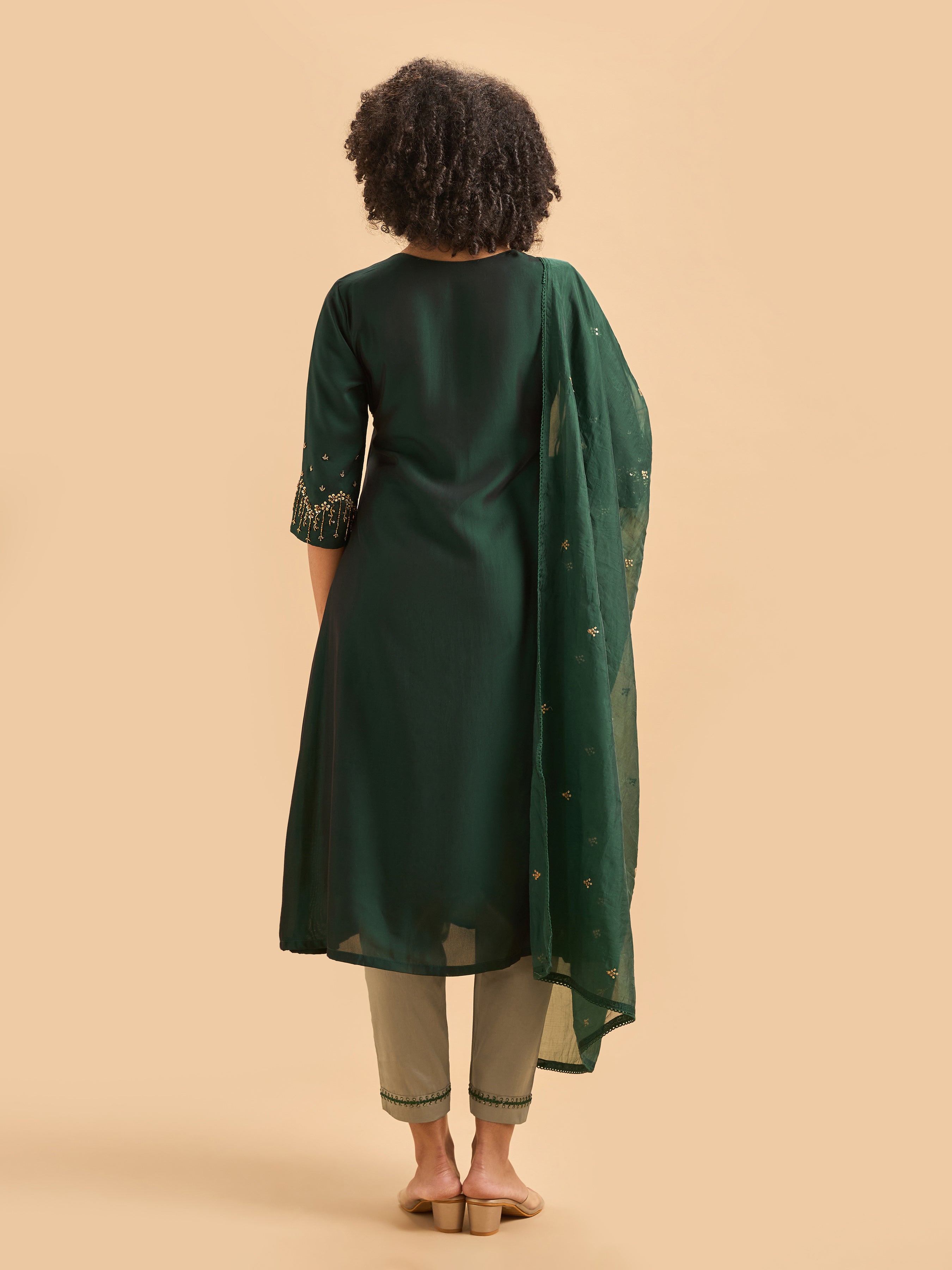Bottle Green Viscose Slub Plain Kurti Set & Dupatta With Hand Work