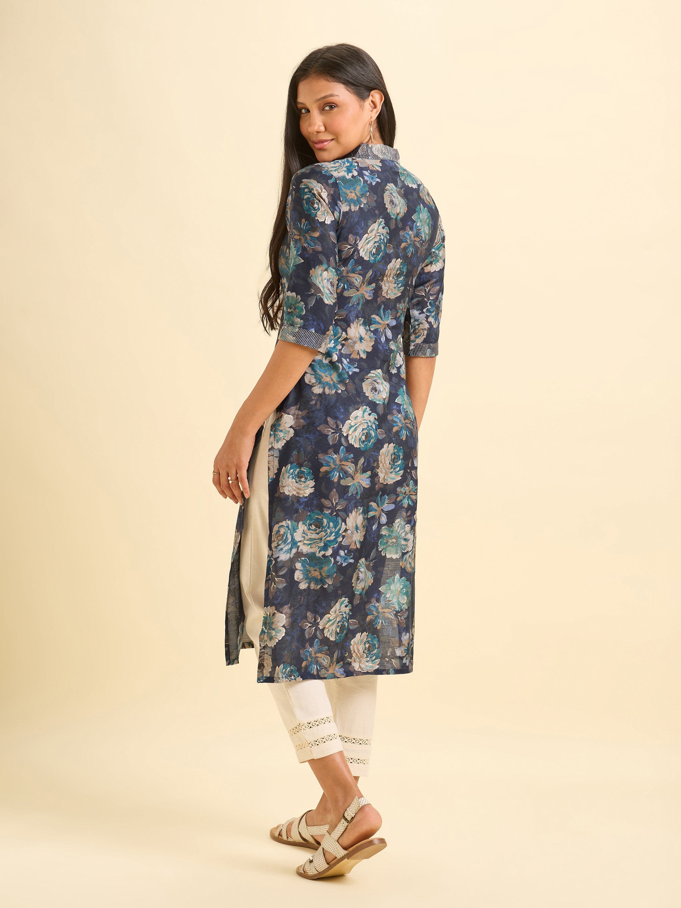 Navy Blue Modal Chanderi Printed Slited Kurti With Embroidery