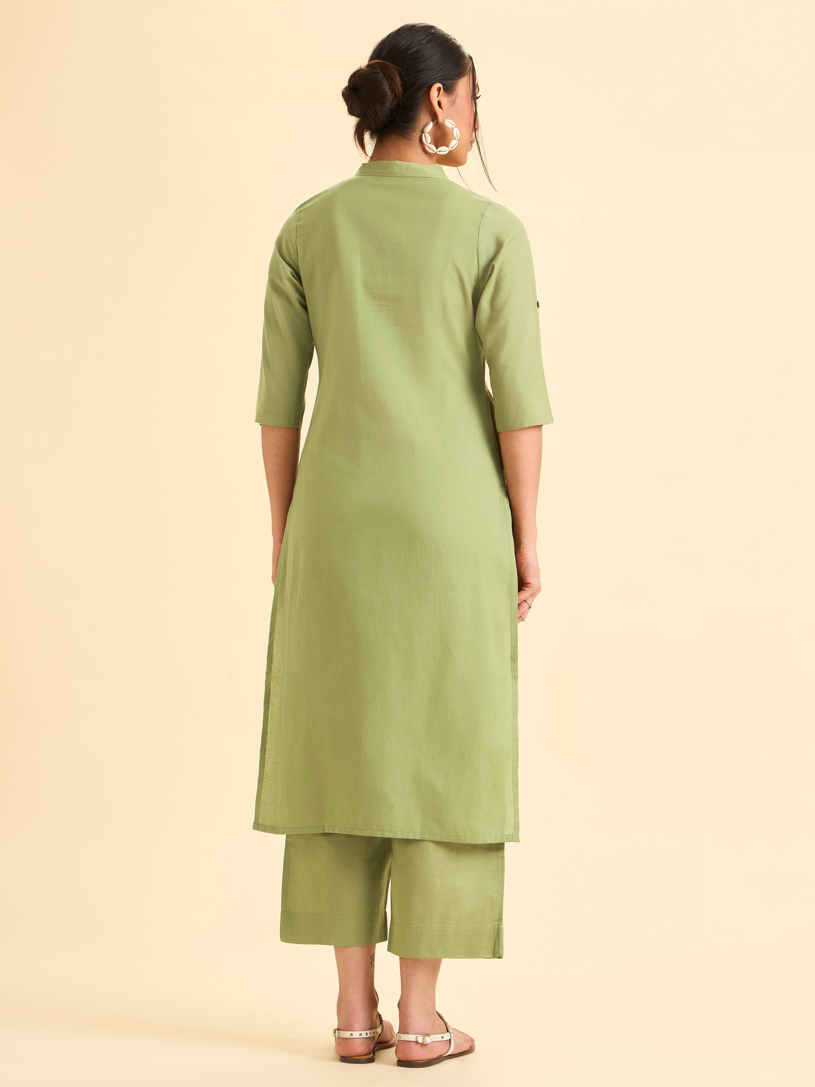 Olive Green Cotton Flax Kurti Set With Embroidery