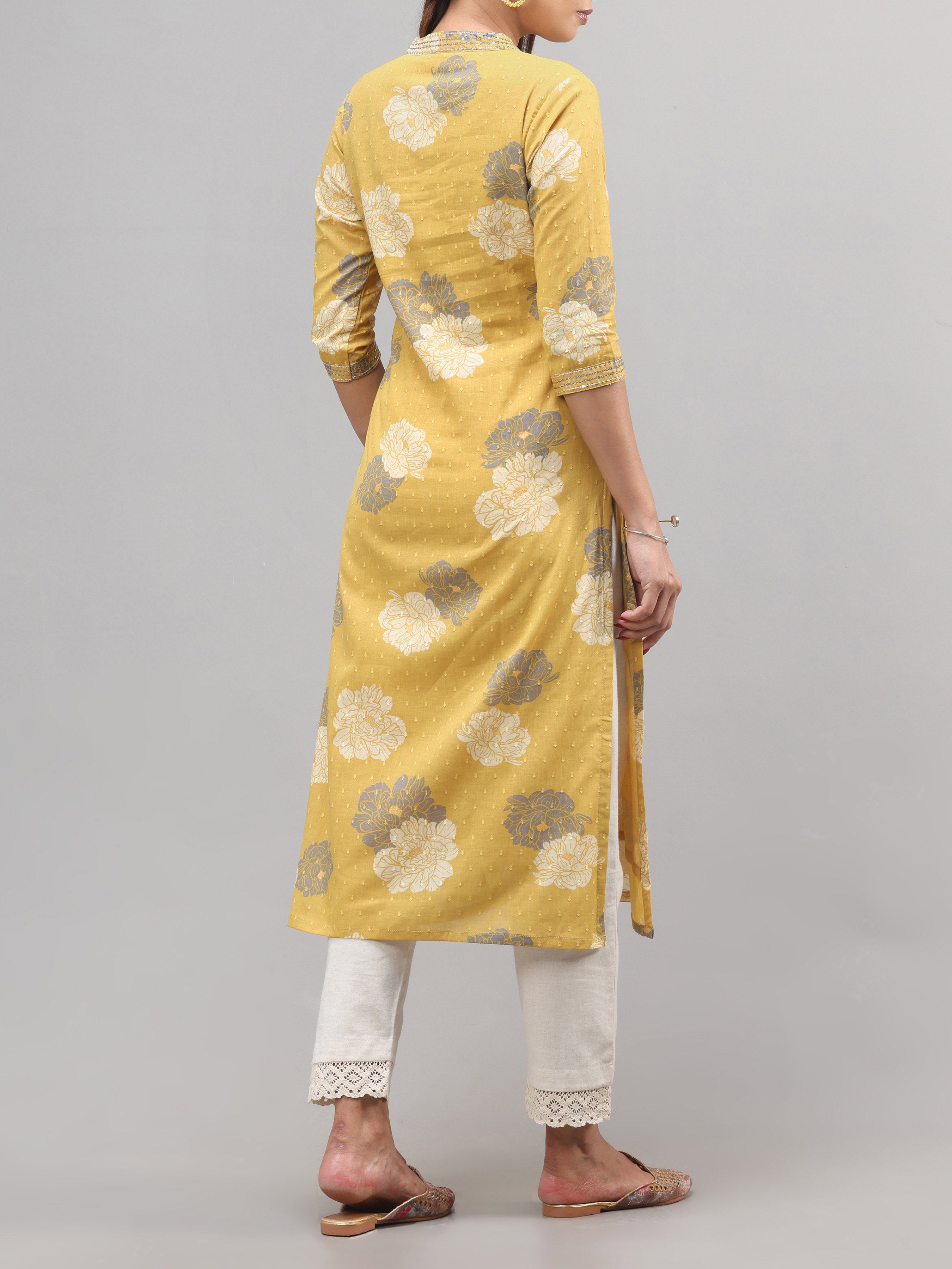 Mustard Colour Cotton Dobby Printed Kurti With Sequins Work