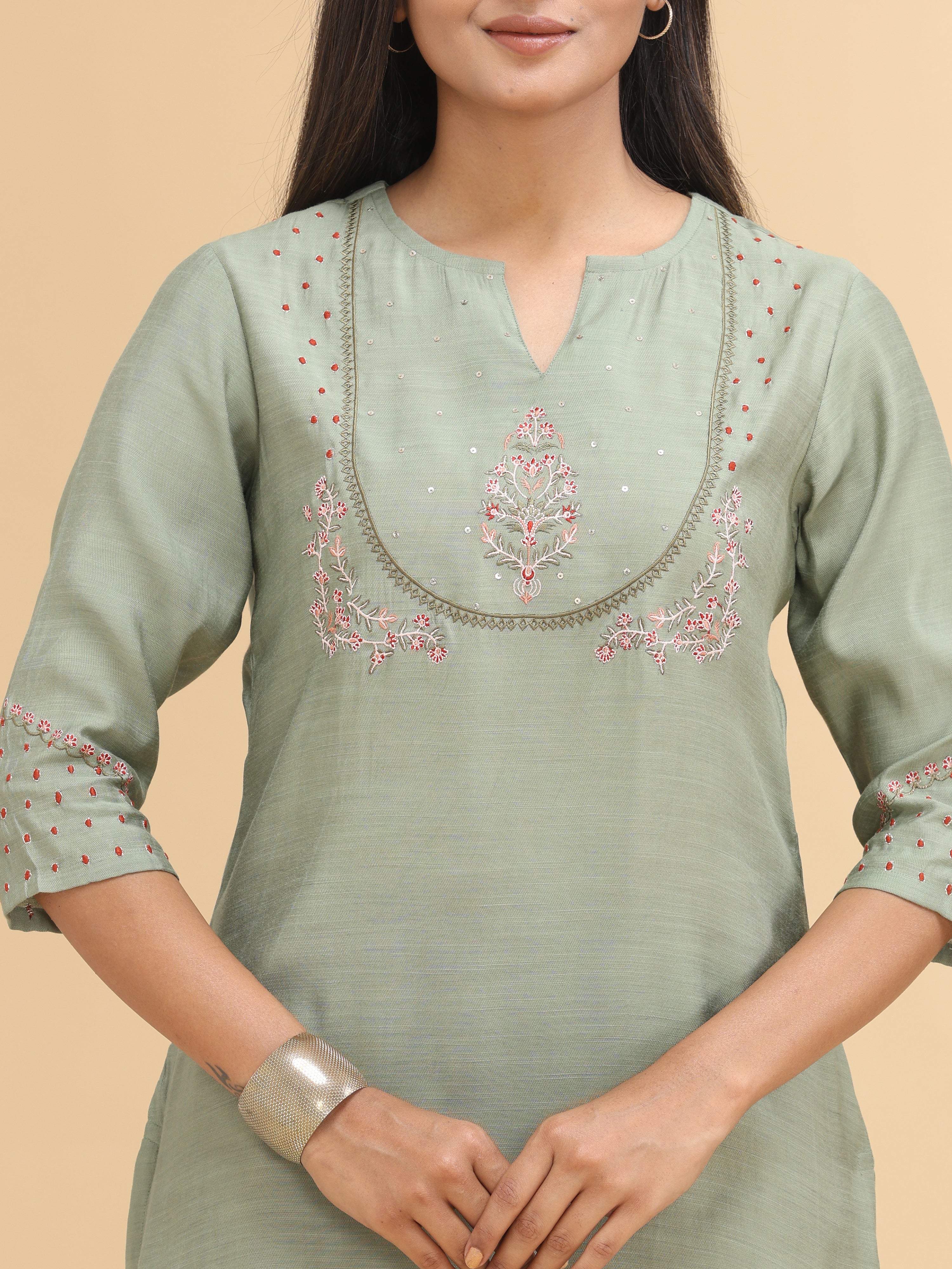 Pista Green Viscose Slub Kurti With Embroidery
