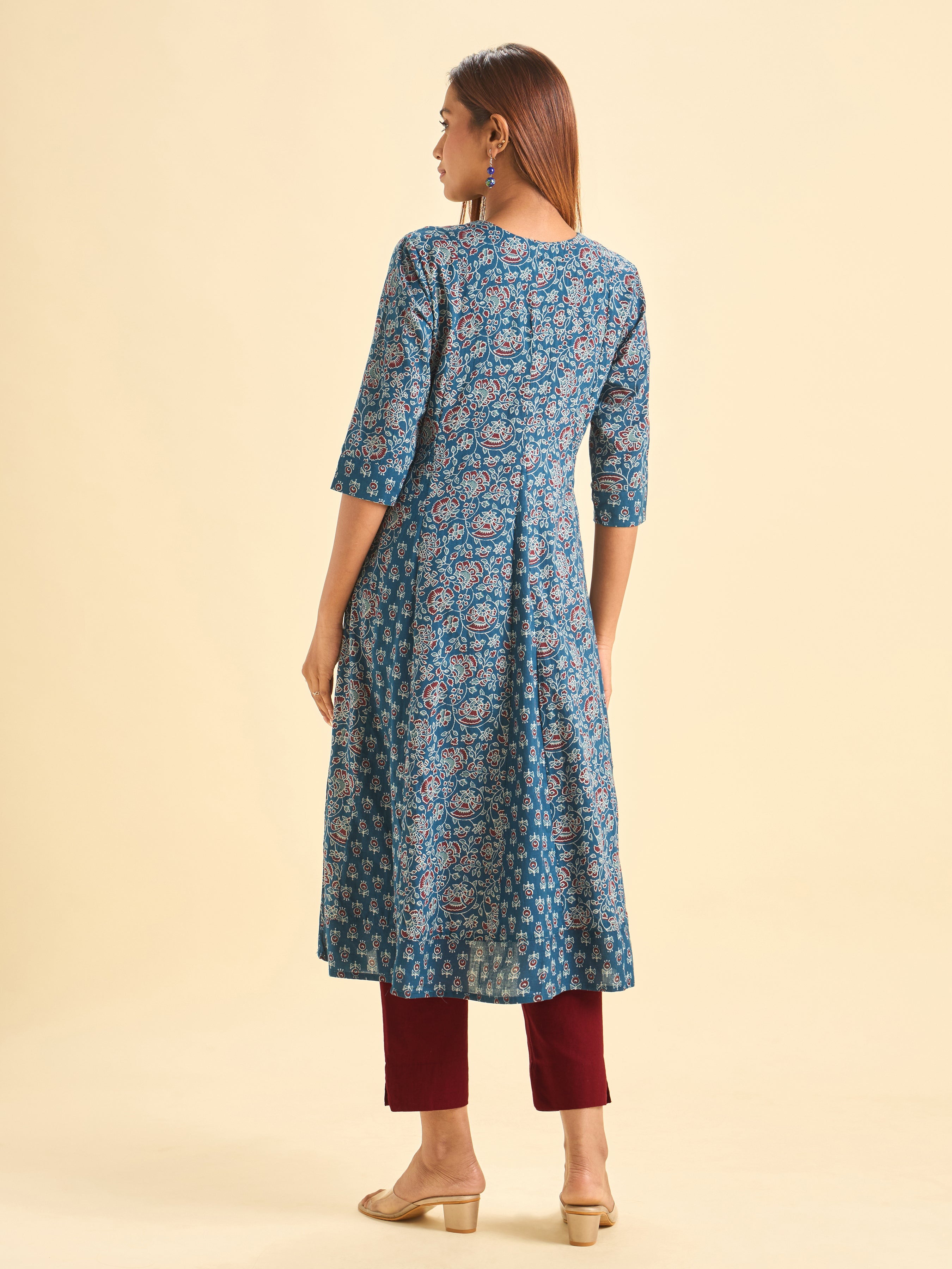 Blue Pure Cotton Printed Flared Kalicut Kurti With Embroidery And Sequins