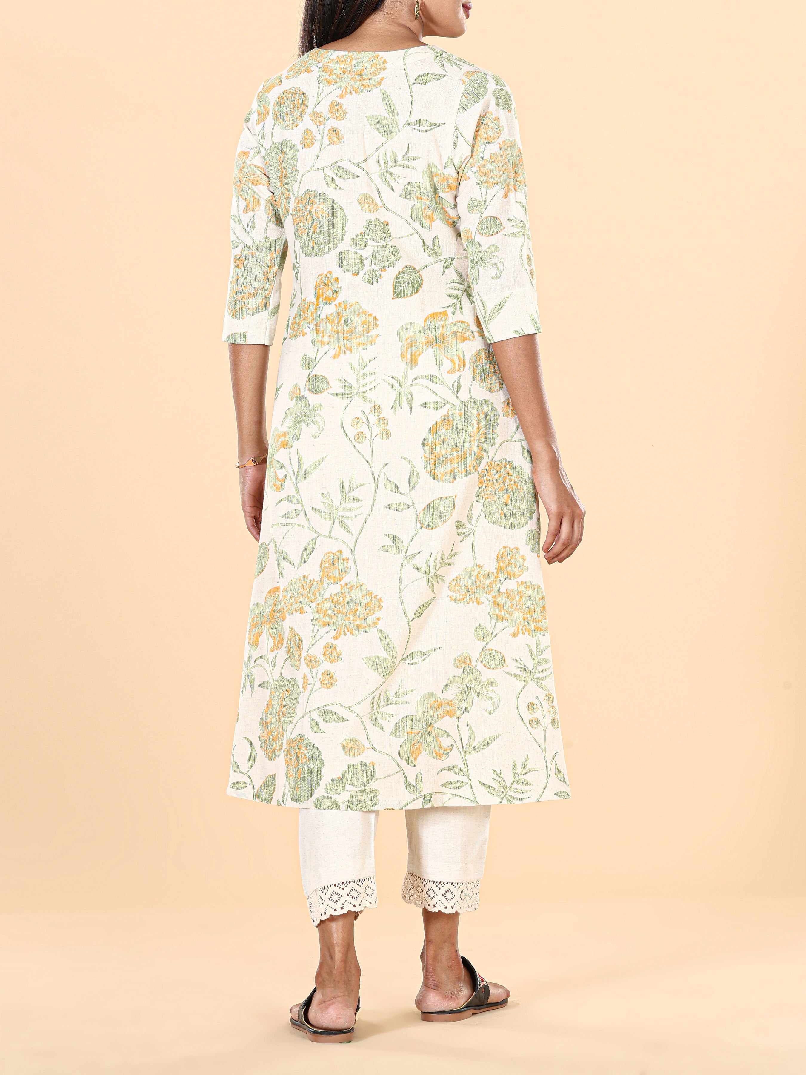 Multi Colour Cotton Flax Printed Kurti With Embroidery