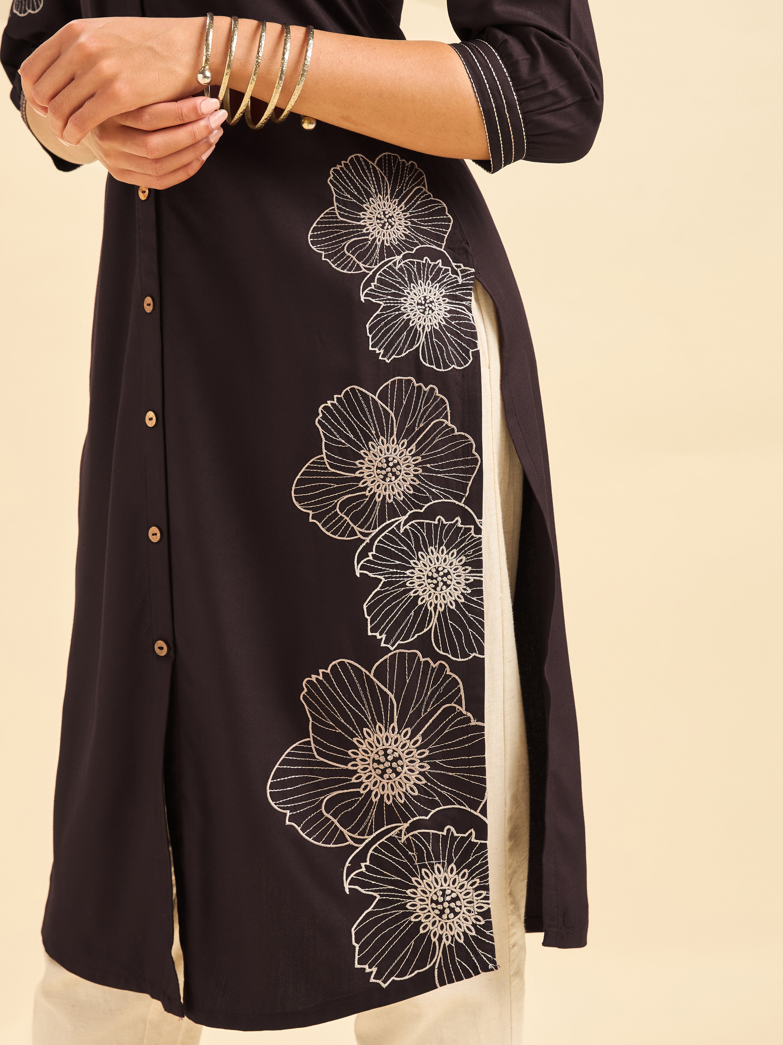 Coffee Brown Viscose Plain Slited Kurti With Embroidery