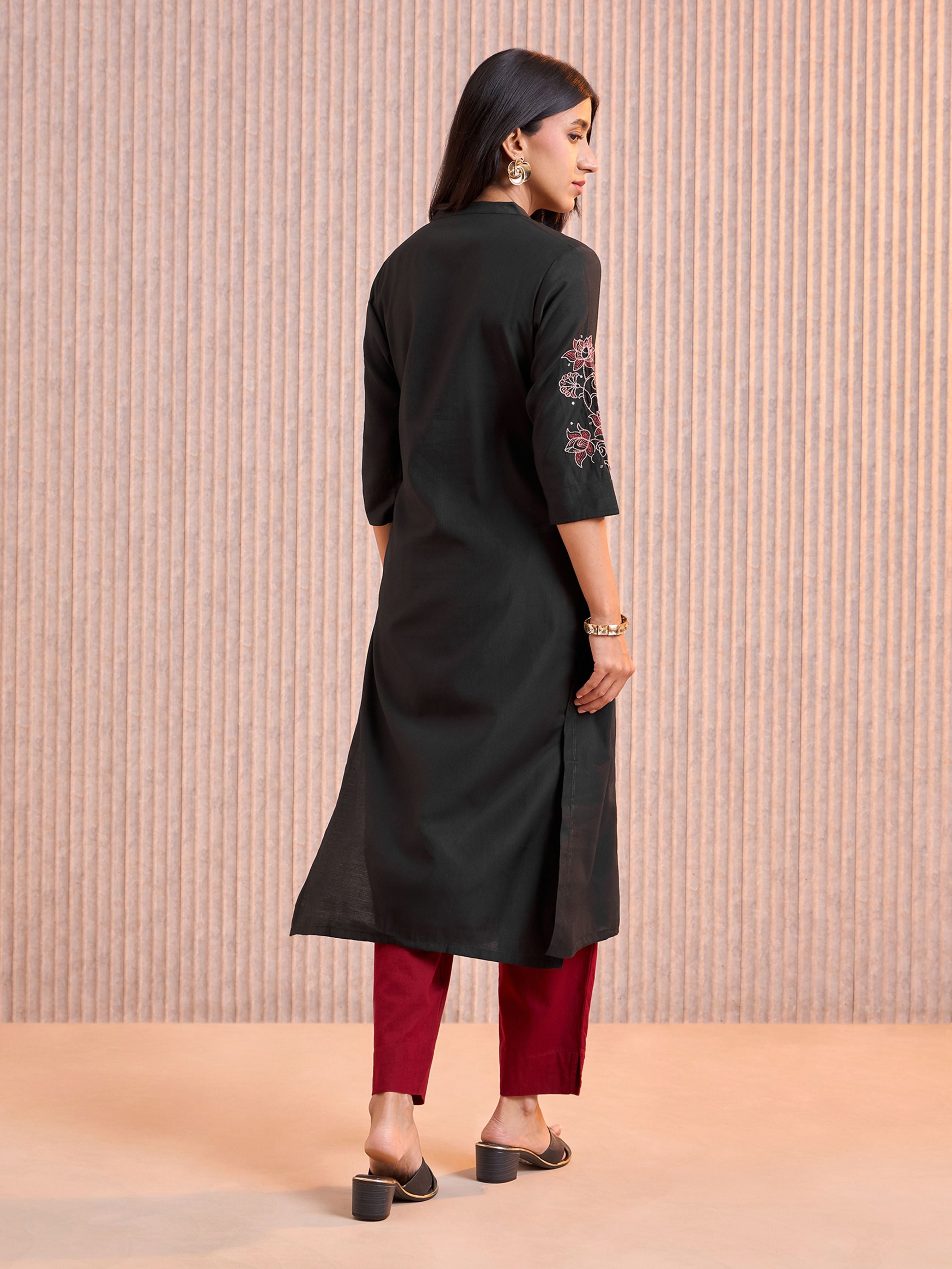 Black Viscose Plain Kurti With Embroidery& Sequins Work