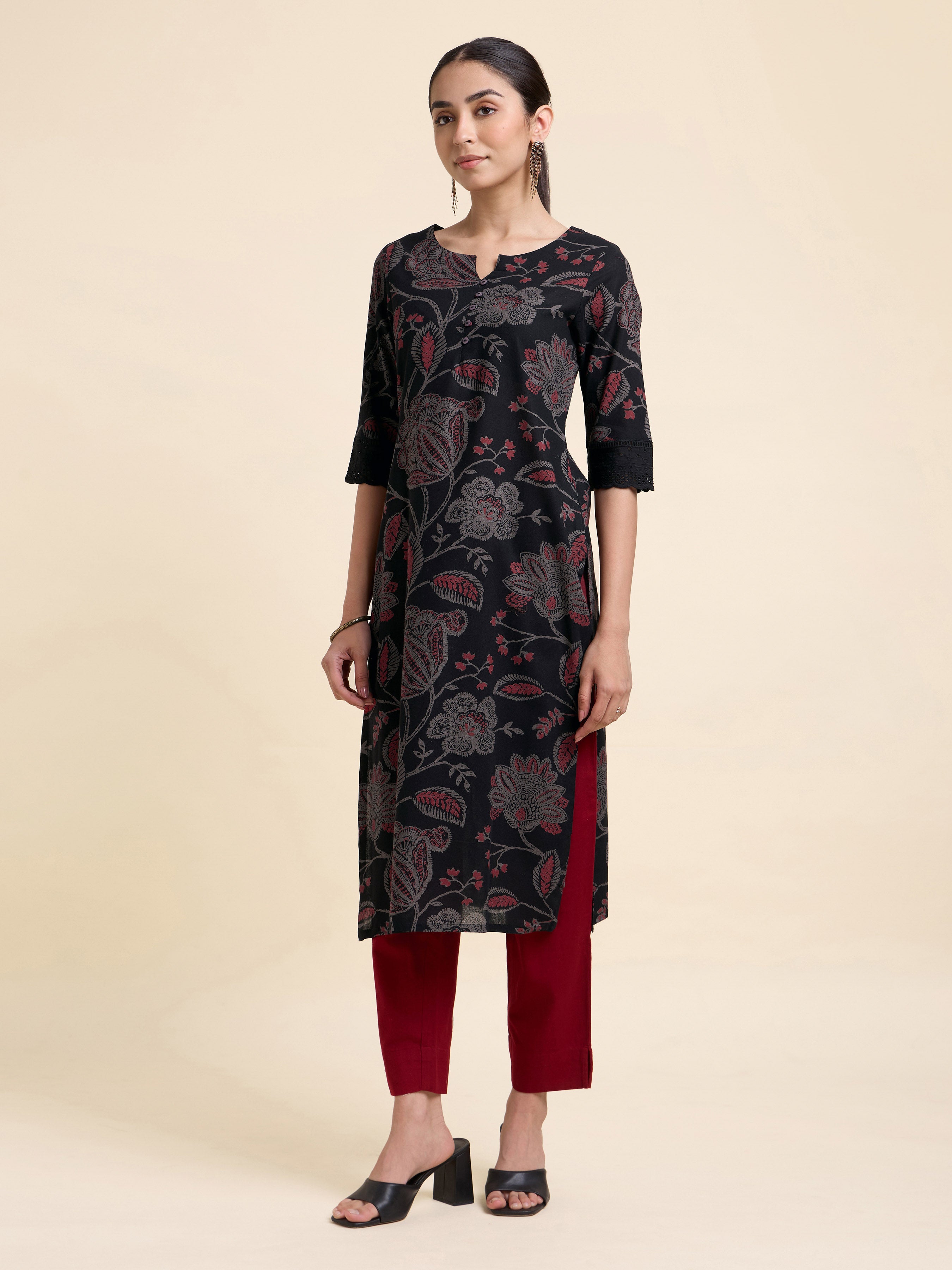 Black Multicolour Cotton Flax Printed Slitted Kurti With Lace