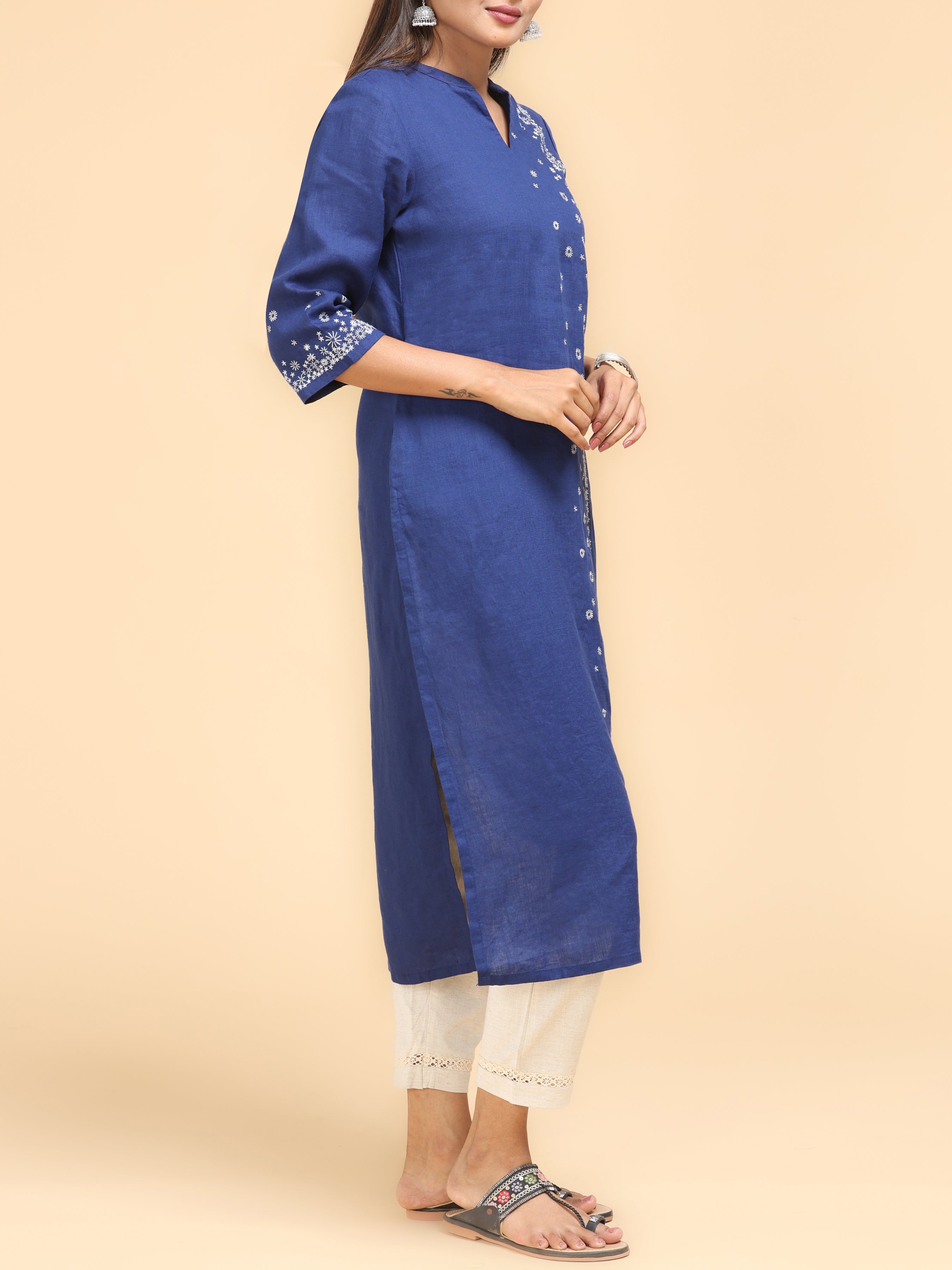 Royal Blue Cotton Linen Kurti With Embroidery