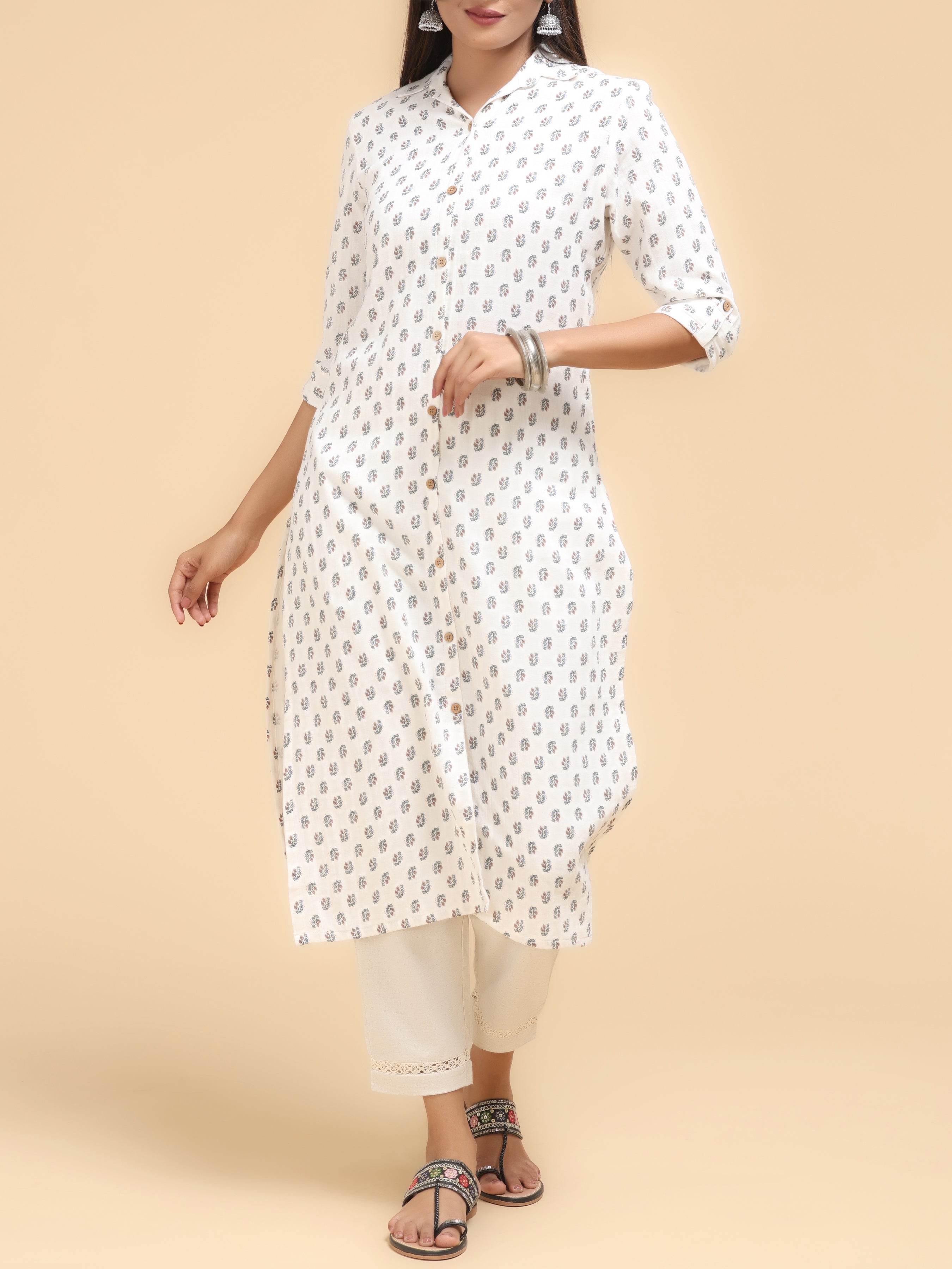 Off White Pure Cotton Kurti With Floral Print