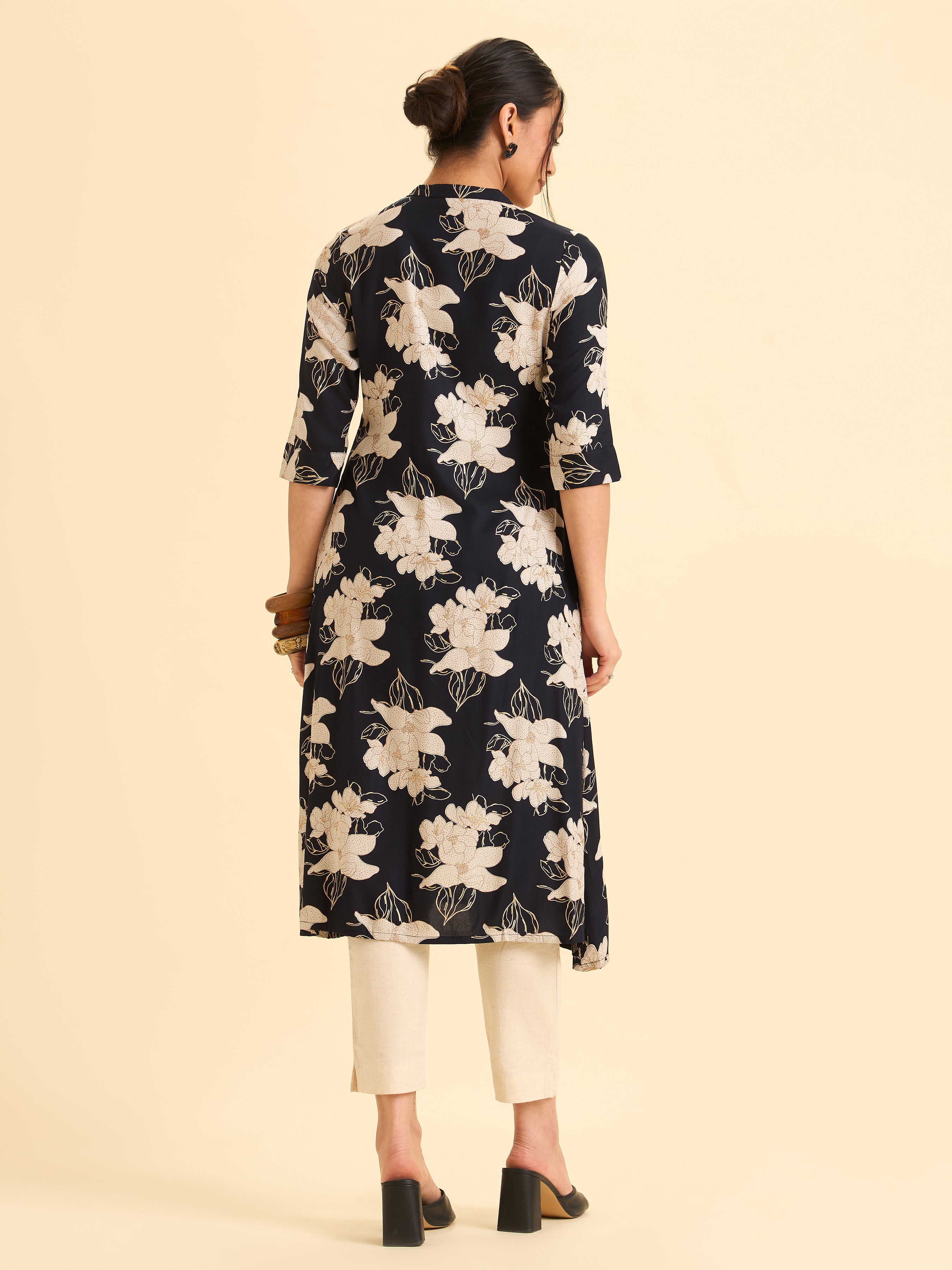 Navy Blue And Ivory Viscose Printed Flared Angrakha Kurti
