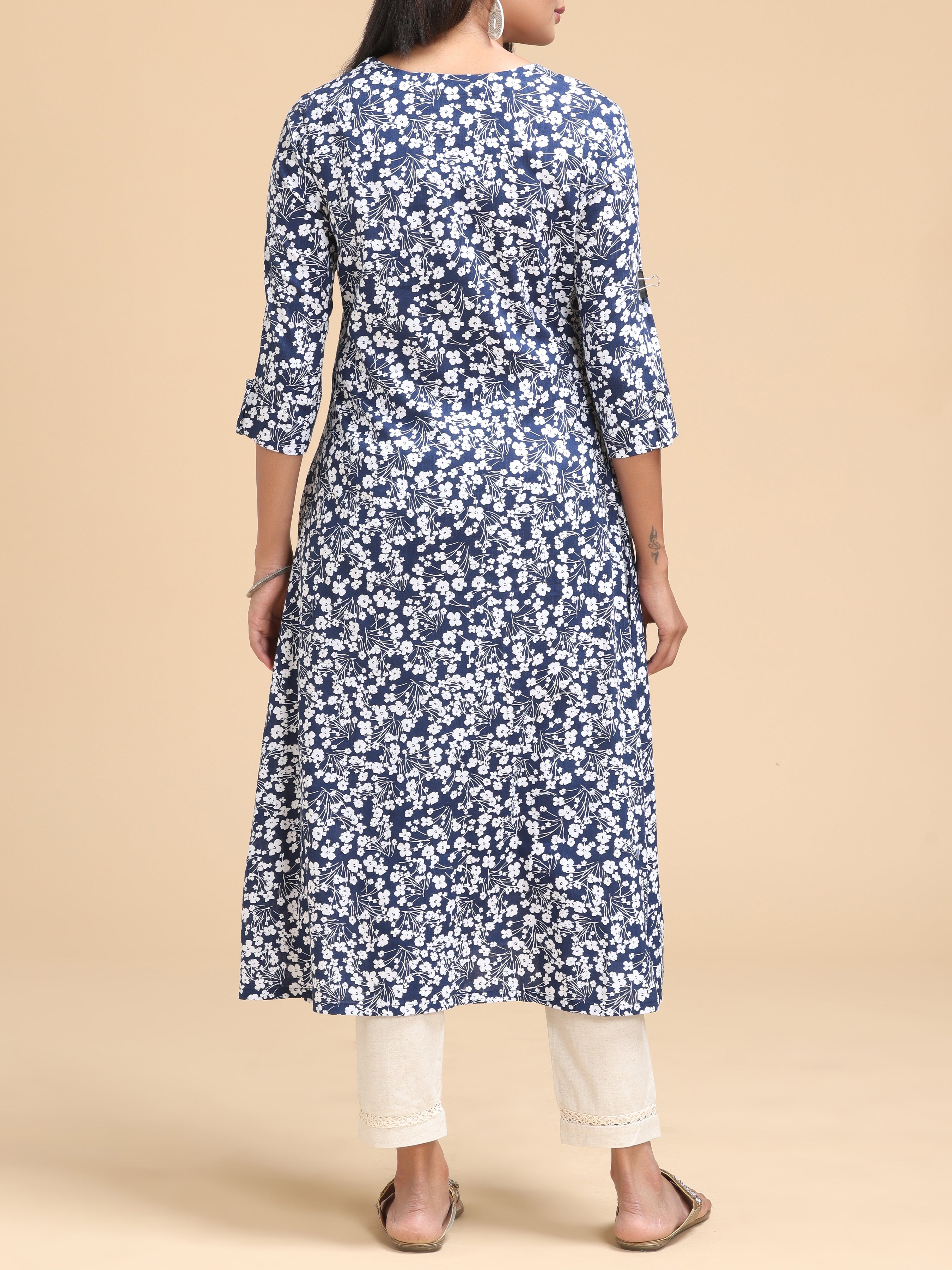 Midnight Blue Viscose Slub Kurti With Floral Print