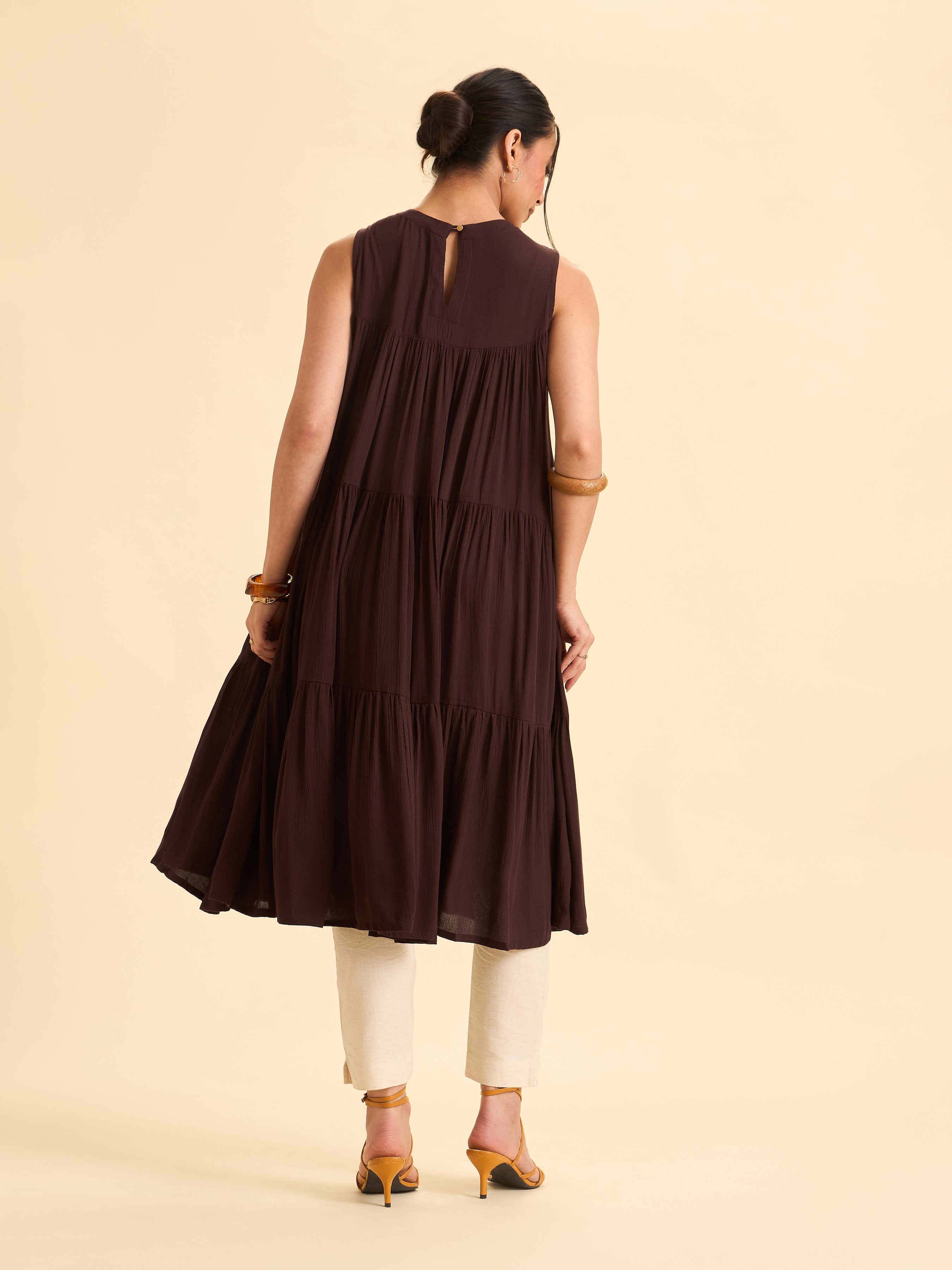 Women Wearing Coffee Brown Wrinkle Viscose Plain Flared Tiered Cut Kurti With Sequins Embroidery
