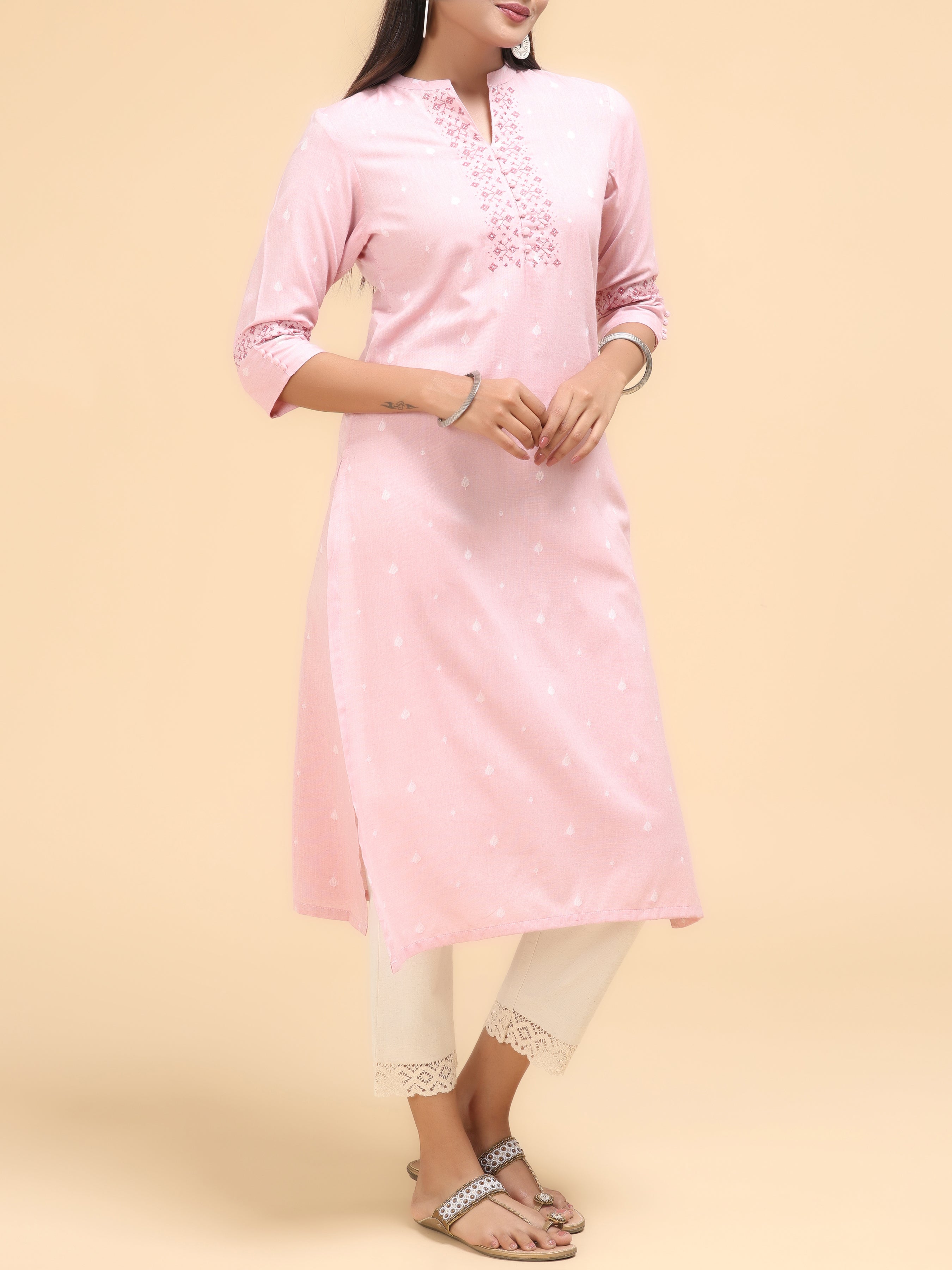Light Pink Cotton Dobby Kurti With Embroidery