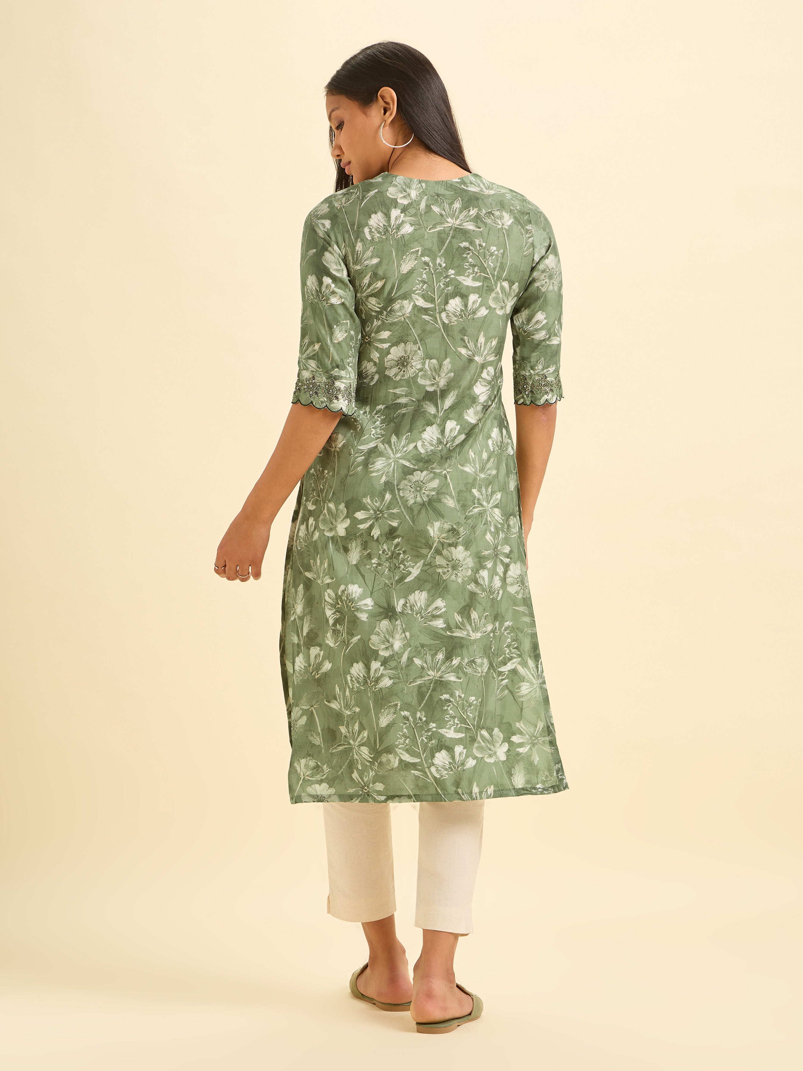 Olive Green And Ivory Modal Chanderi Printed Slited Kurti With Pintucks And Embroidery And Sequins Work