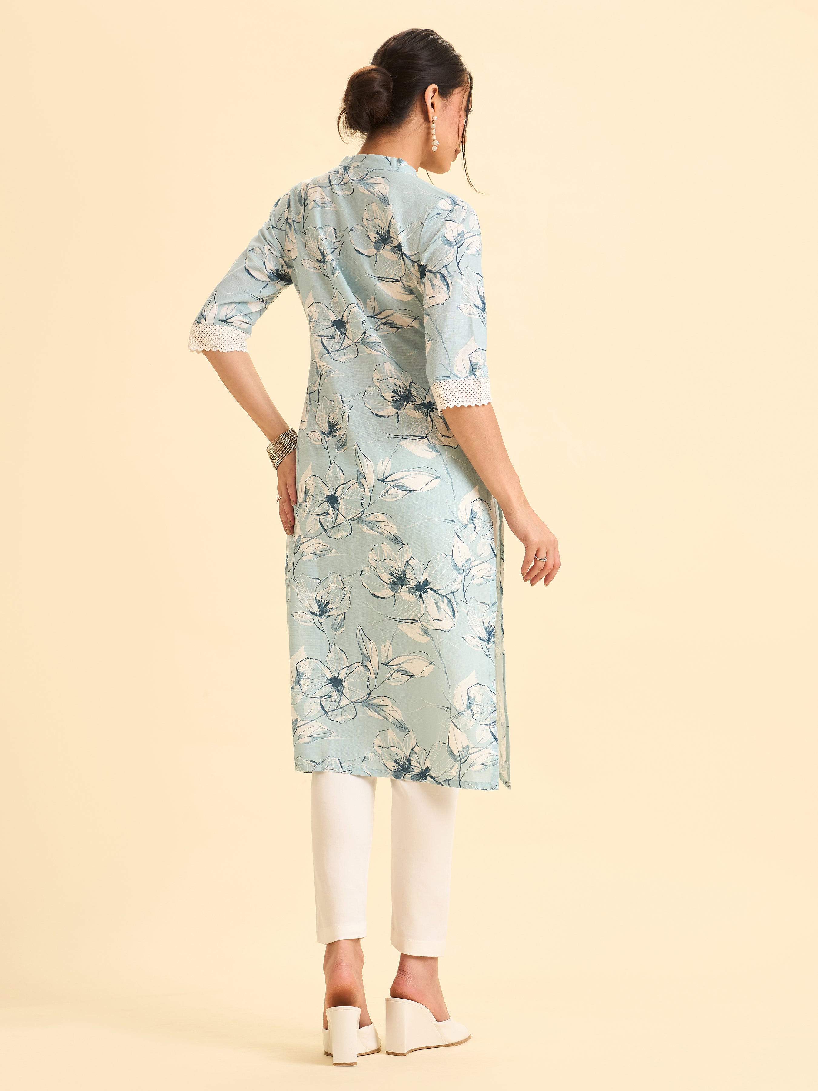 Sky Blue Cotton Linen Printed Slited Kurti With Lace