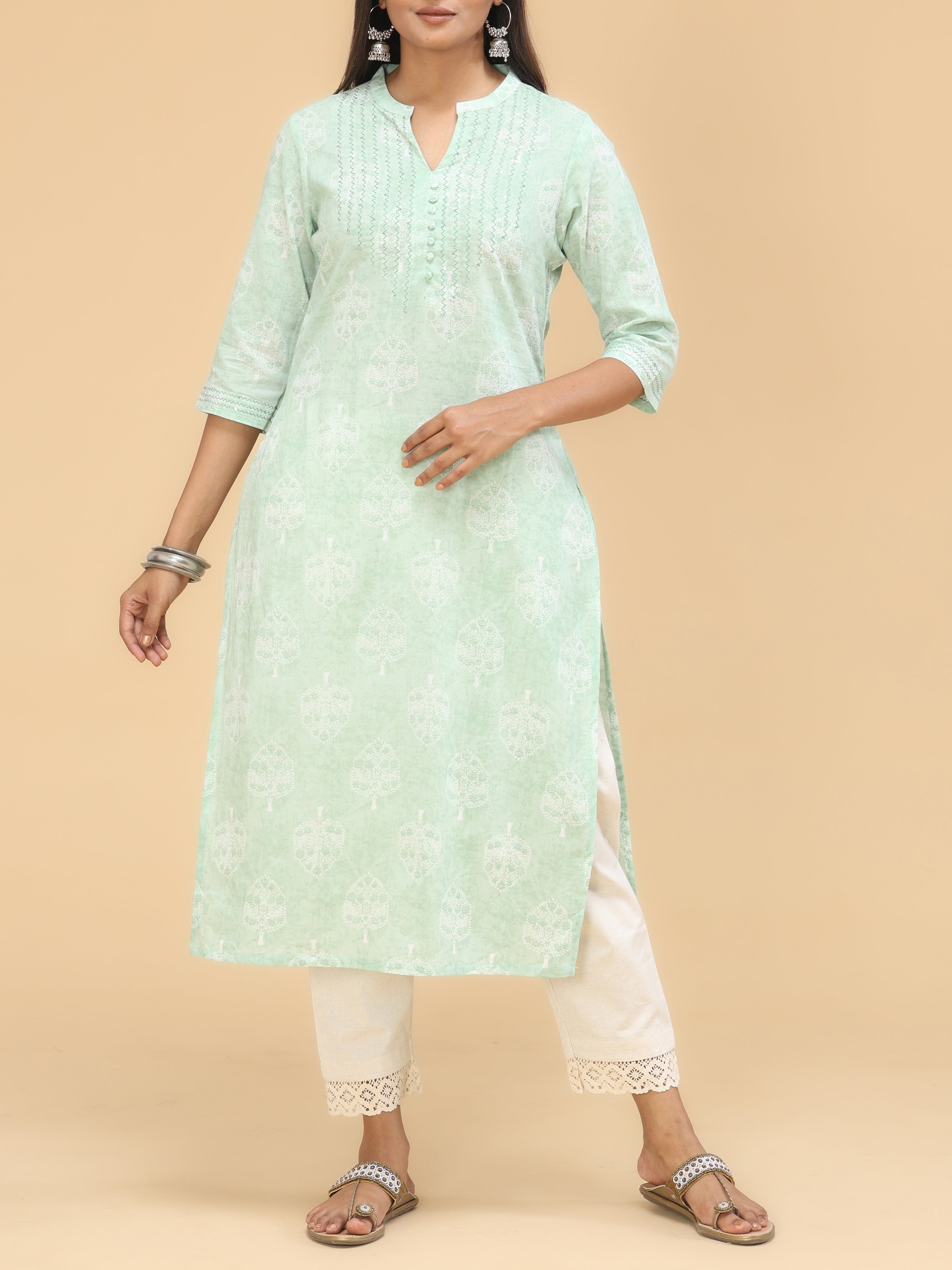 Light Green Pure Cotton Kurti With Print