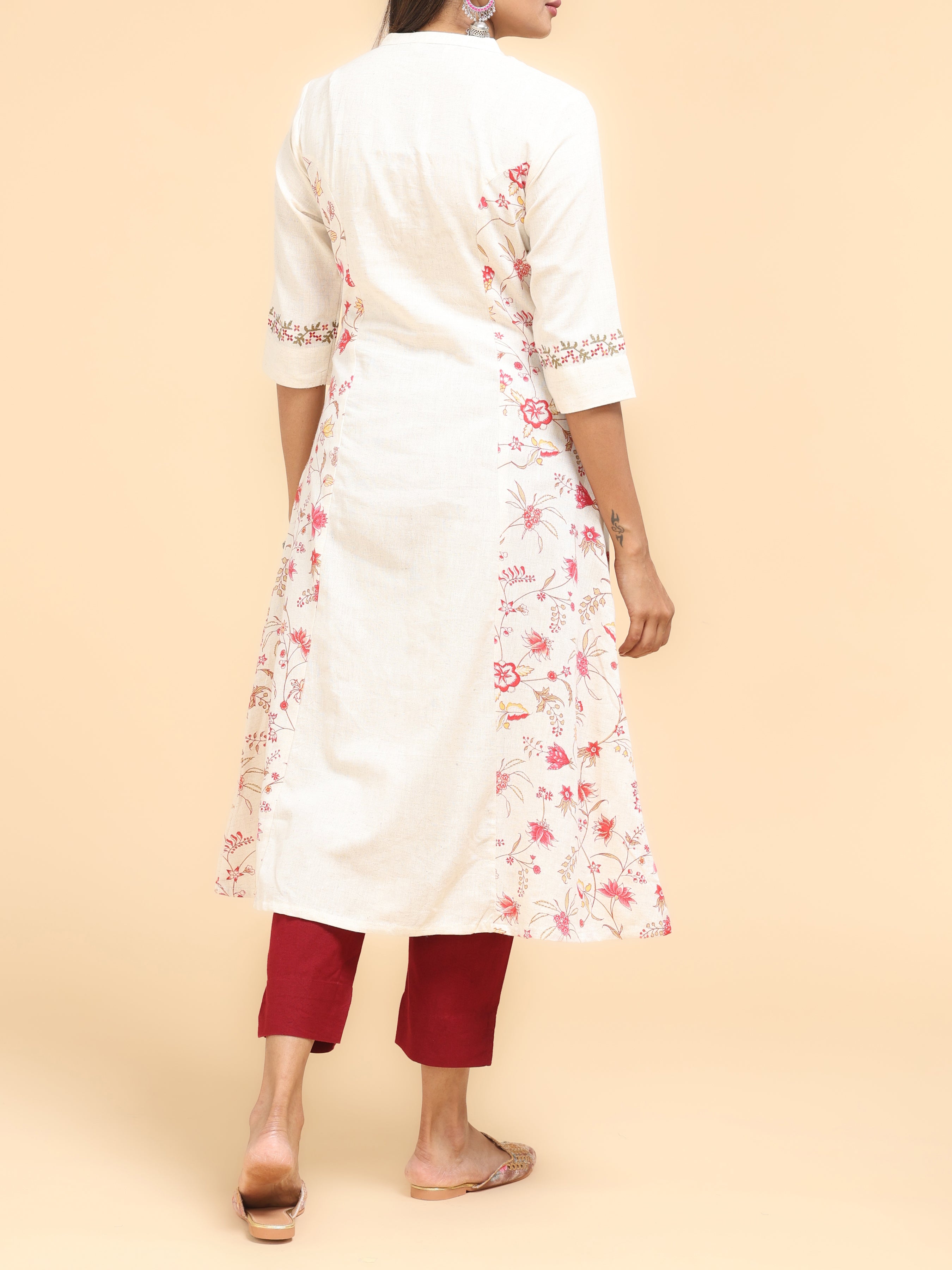 Off White Cotton Flax Printed Kurti With Pannel Cut