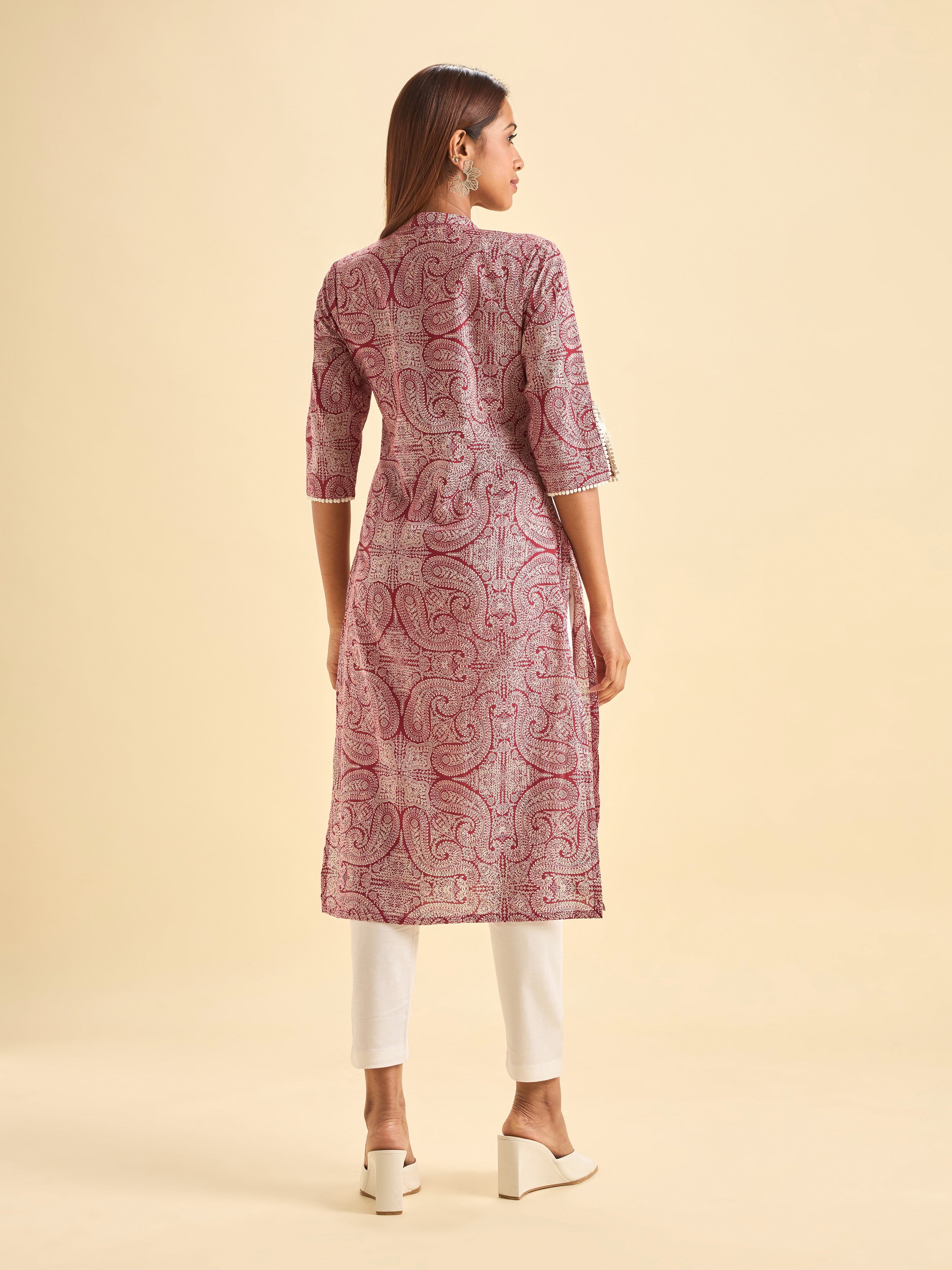 Red White Pure Cotton Printed Center Cut Kurti With Embroidery