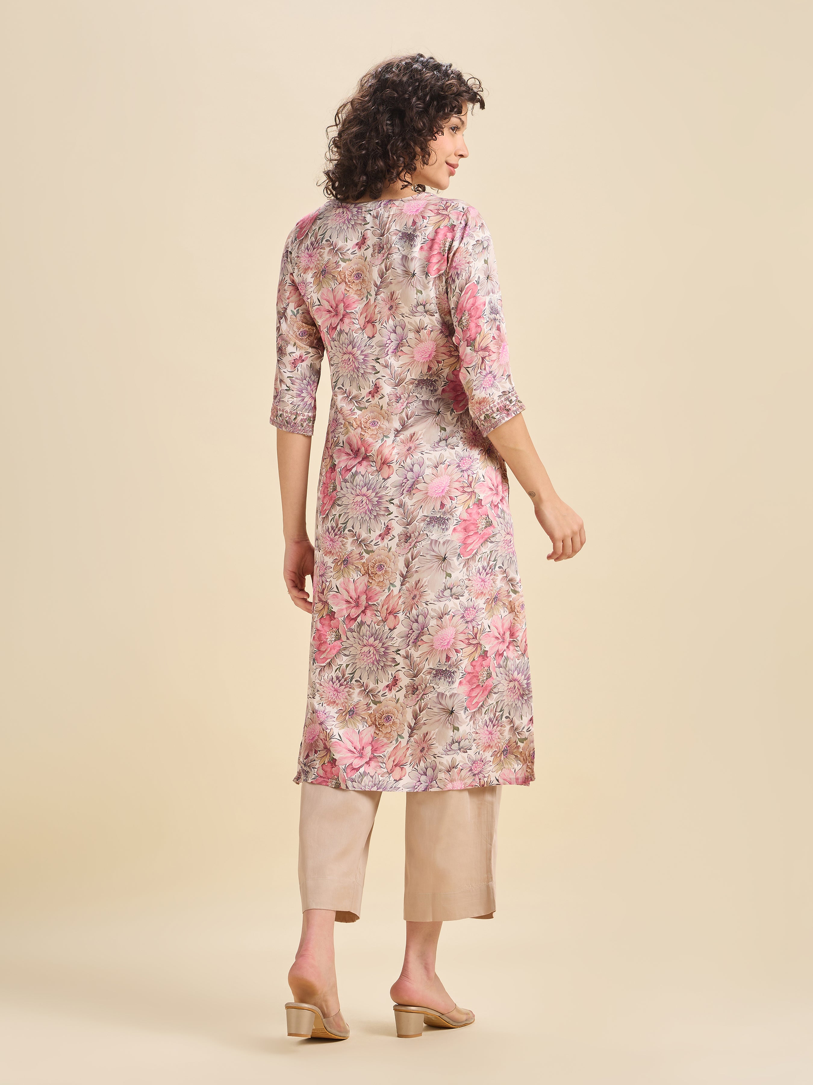 Ivory Multi Colour Modal Satin Printed Kurti With Embroidery