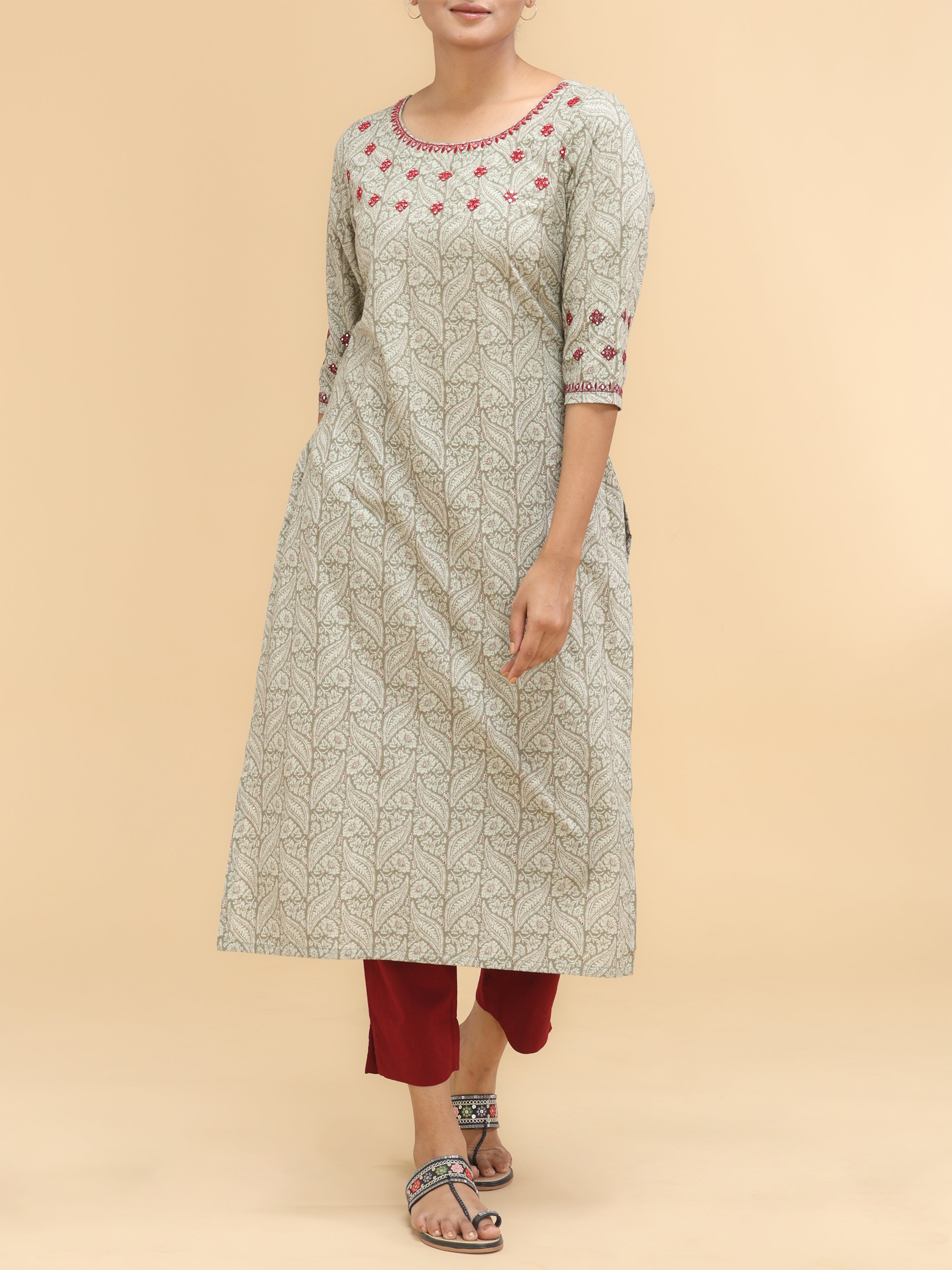 Beige Pure Cotton Printed Kurti With Embroidery