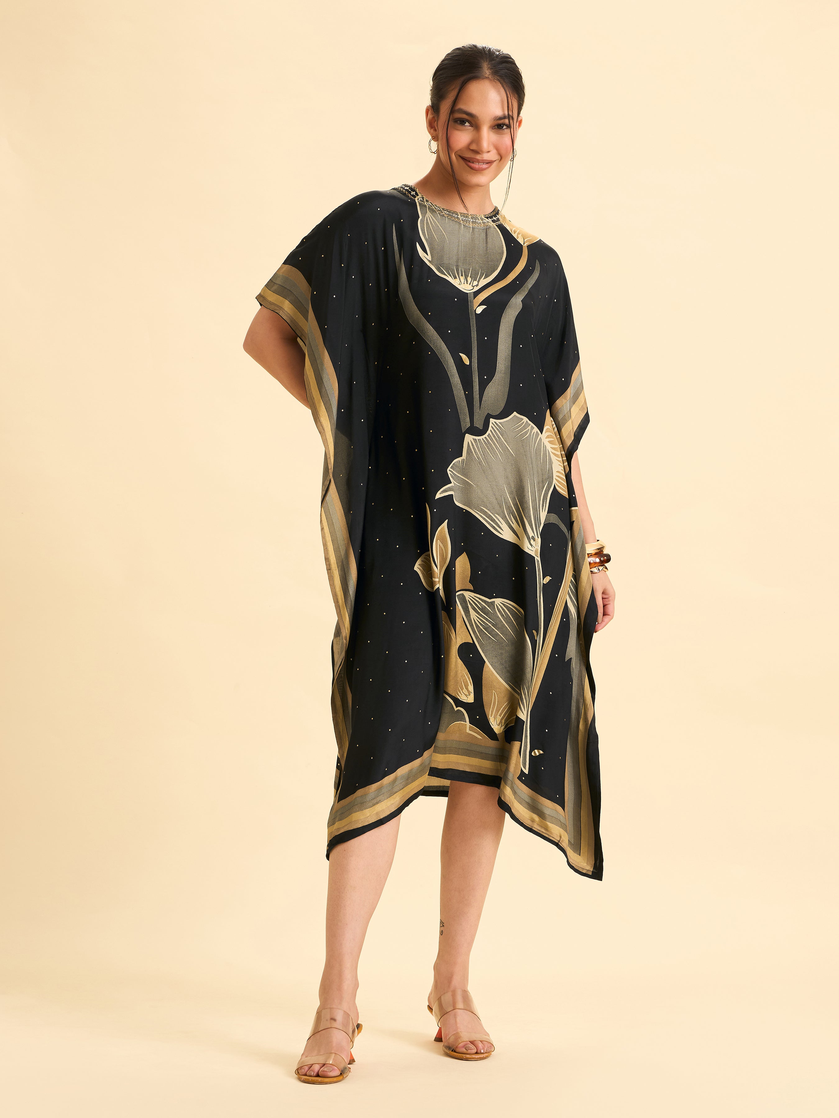 Black Modal Satin Printed Kaftan Kurti With Sequins Embroidery