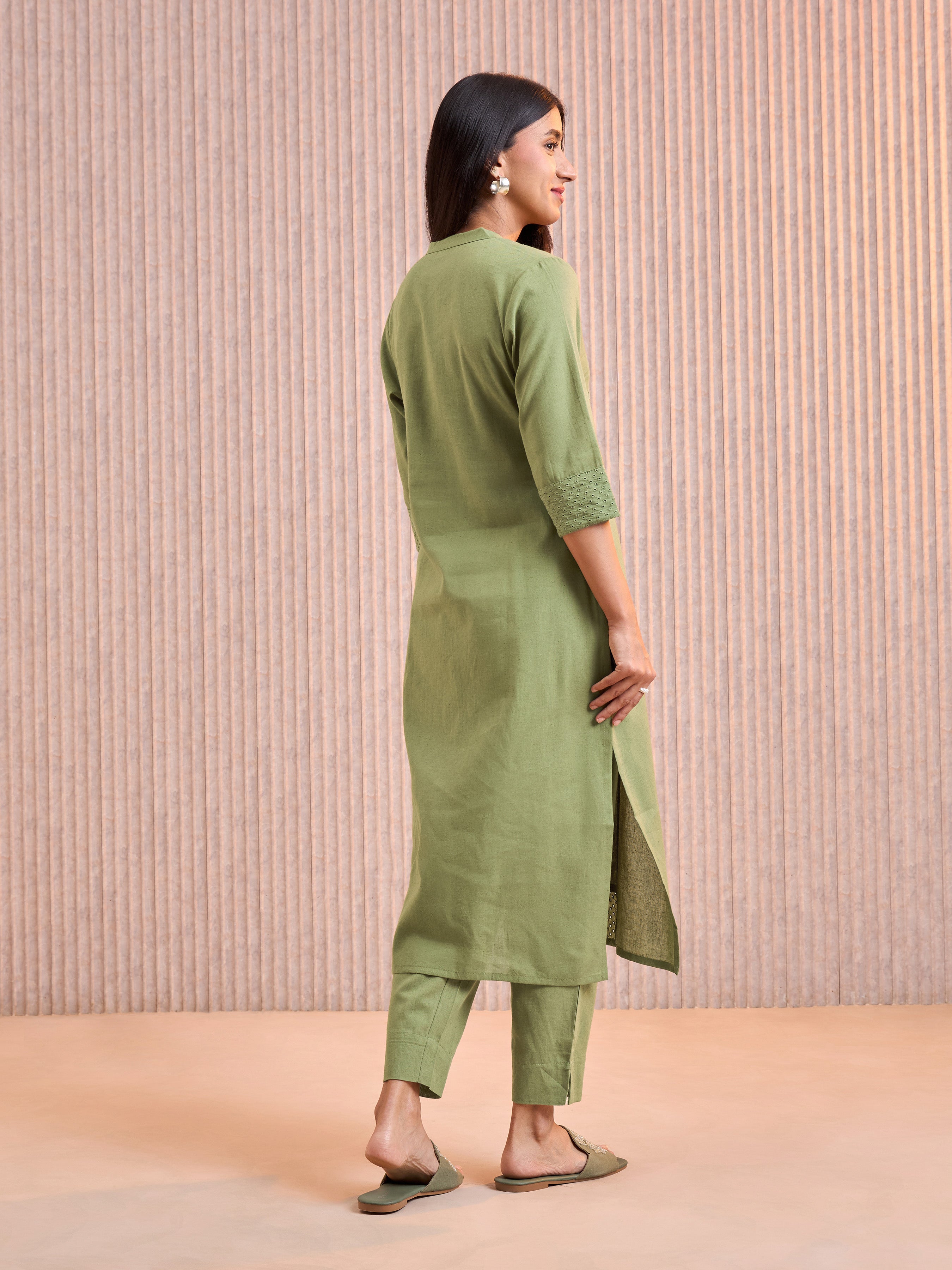 Olive Green Cotton Flax Kurti & Bottom With Lace