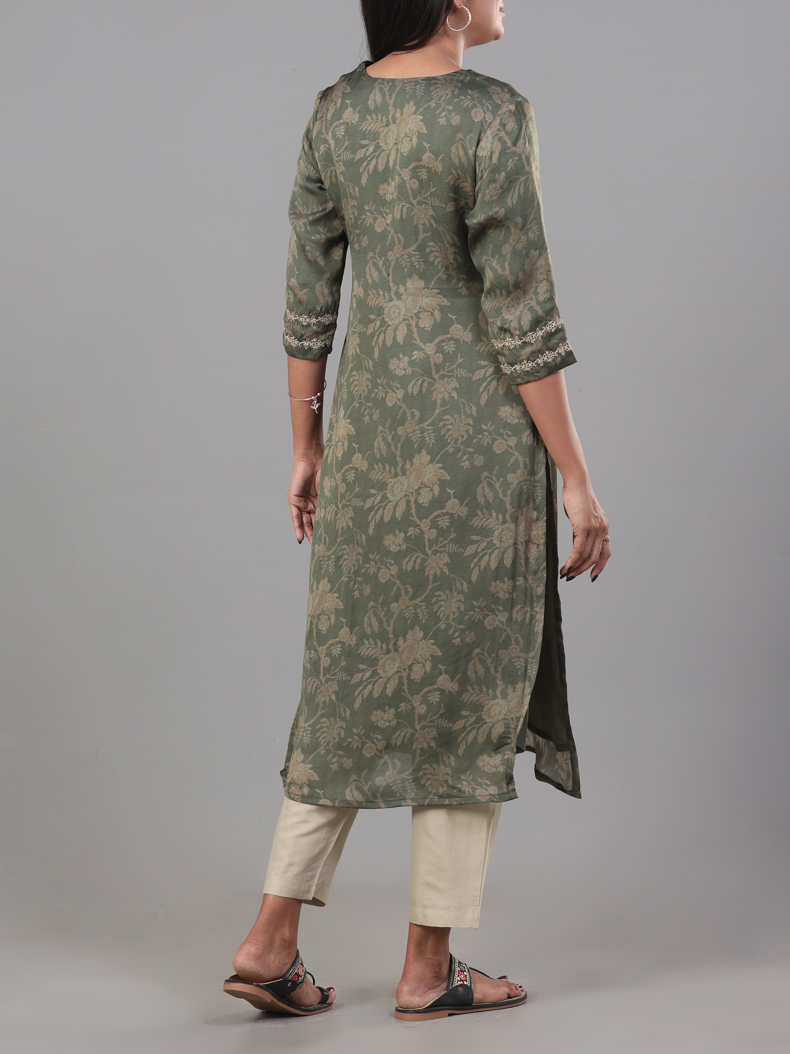 Olive Green Organza Satin Kurti With Embroidery And Matching Bottom