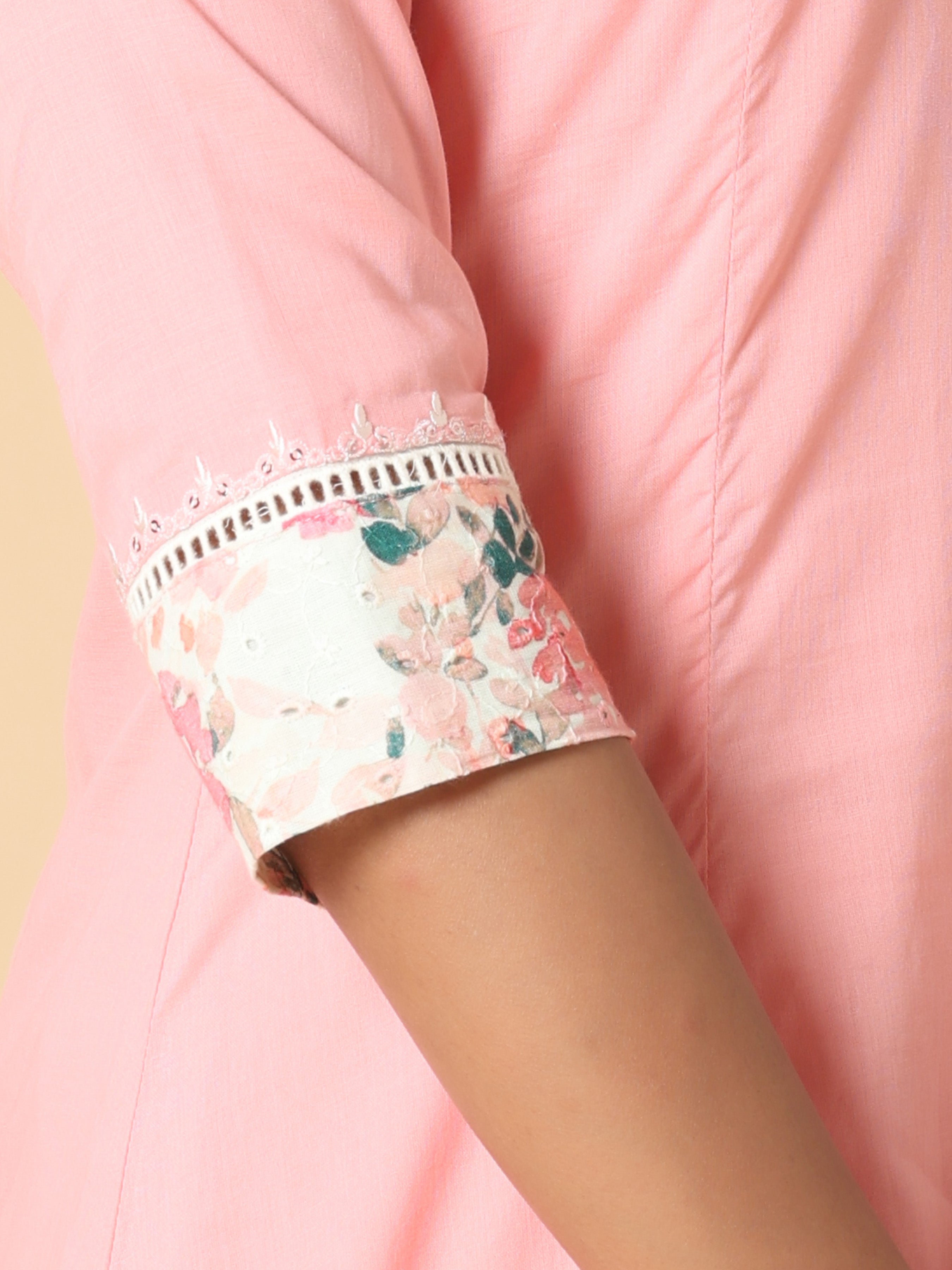 Light Pink Pure Cotton Kurti With Embroidery