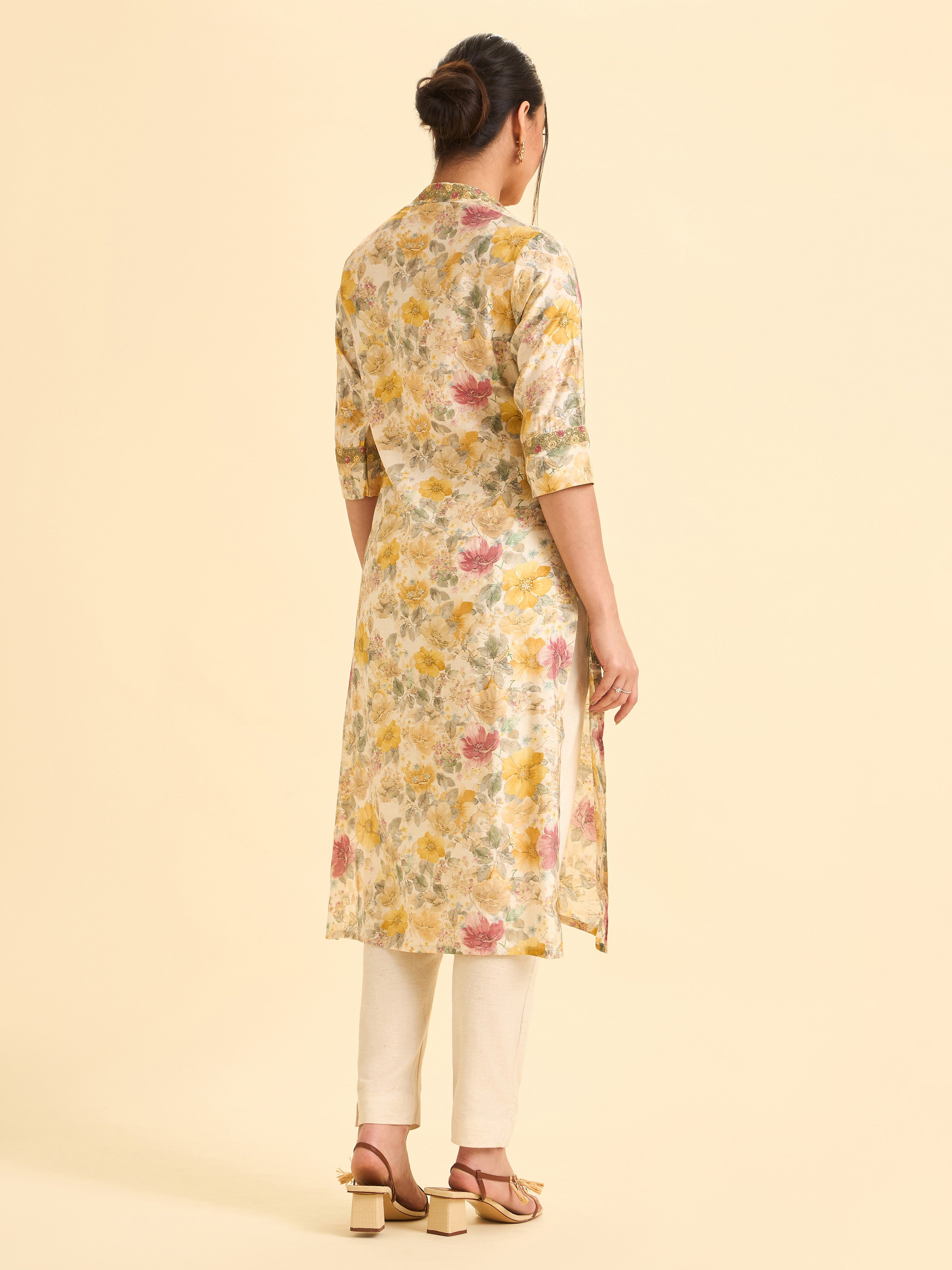 Ivory Modal Chanderi Printed Princess Cut Slitted Kurti With Embroidery