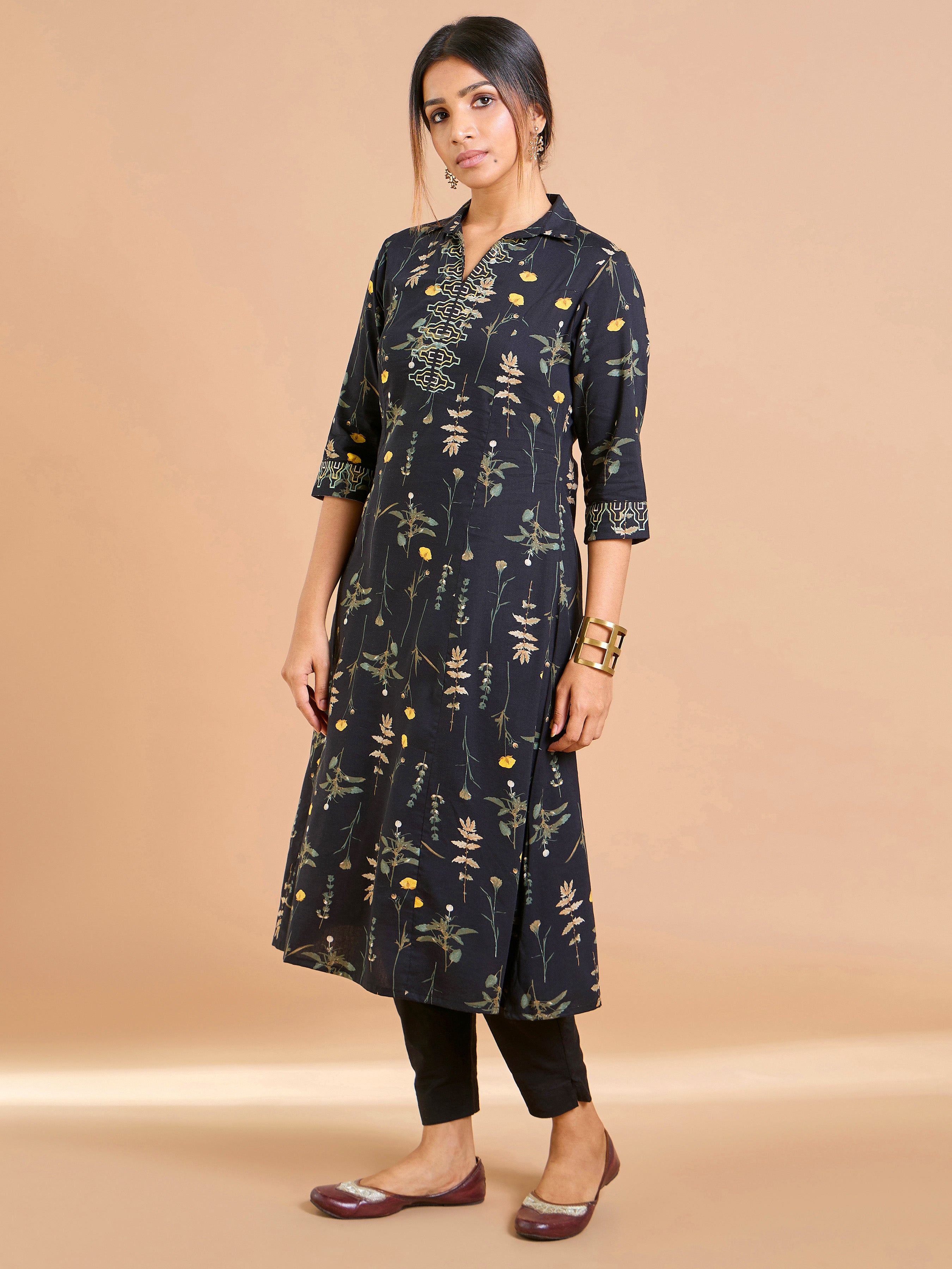 Black PureCotton Printed Kurti With Embroidery