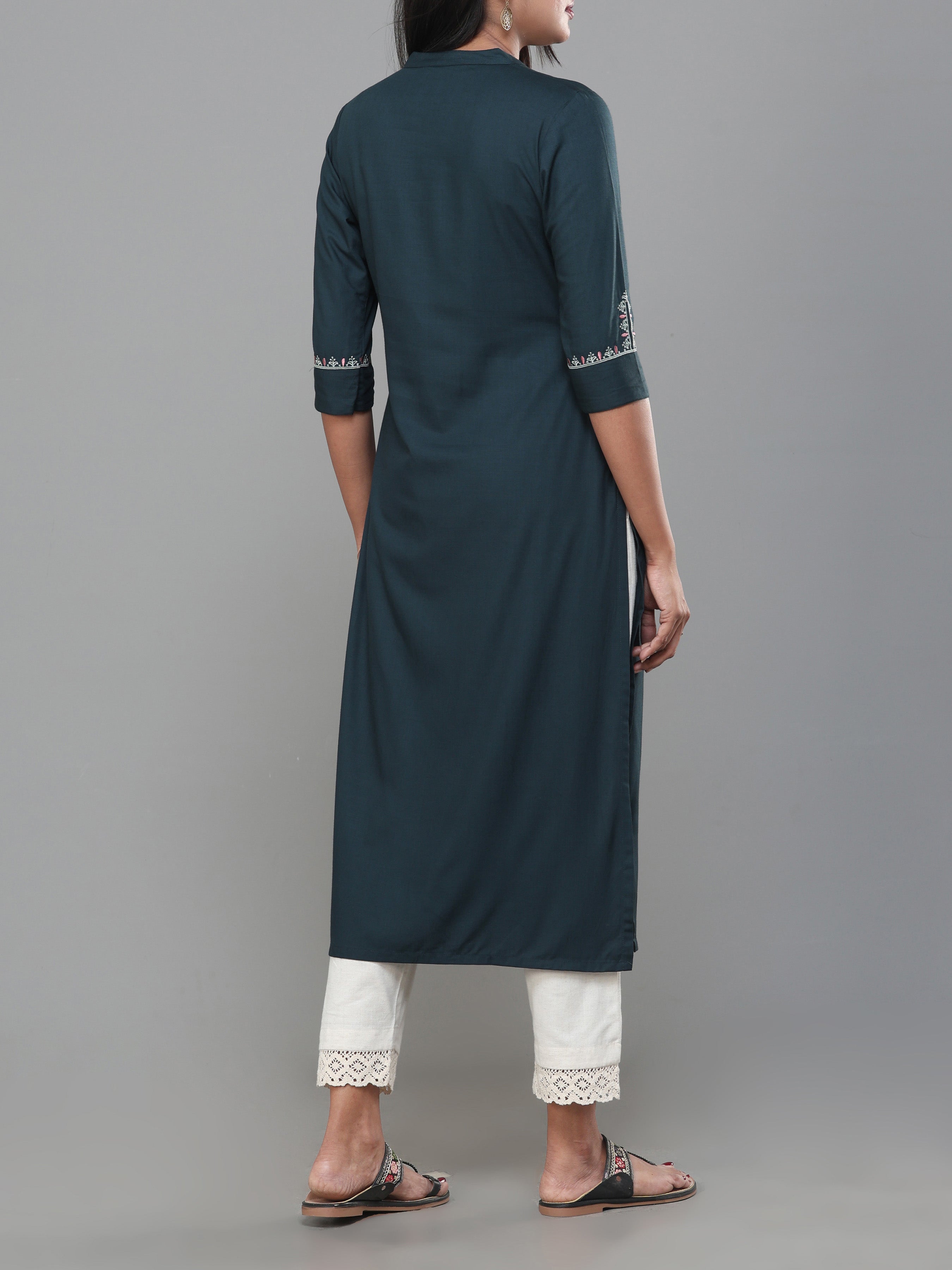 Teal Green Viscose Slub Kurti With Embroidery