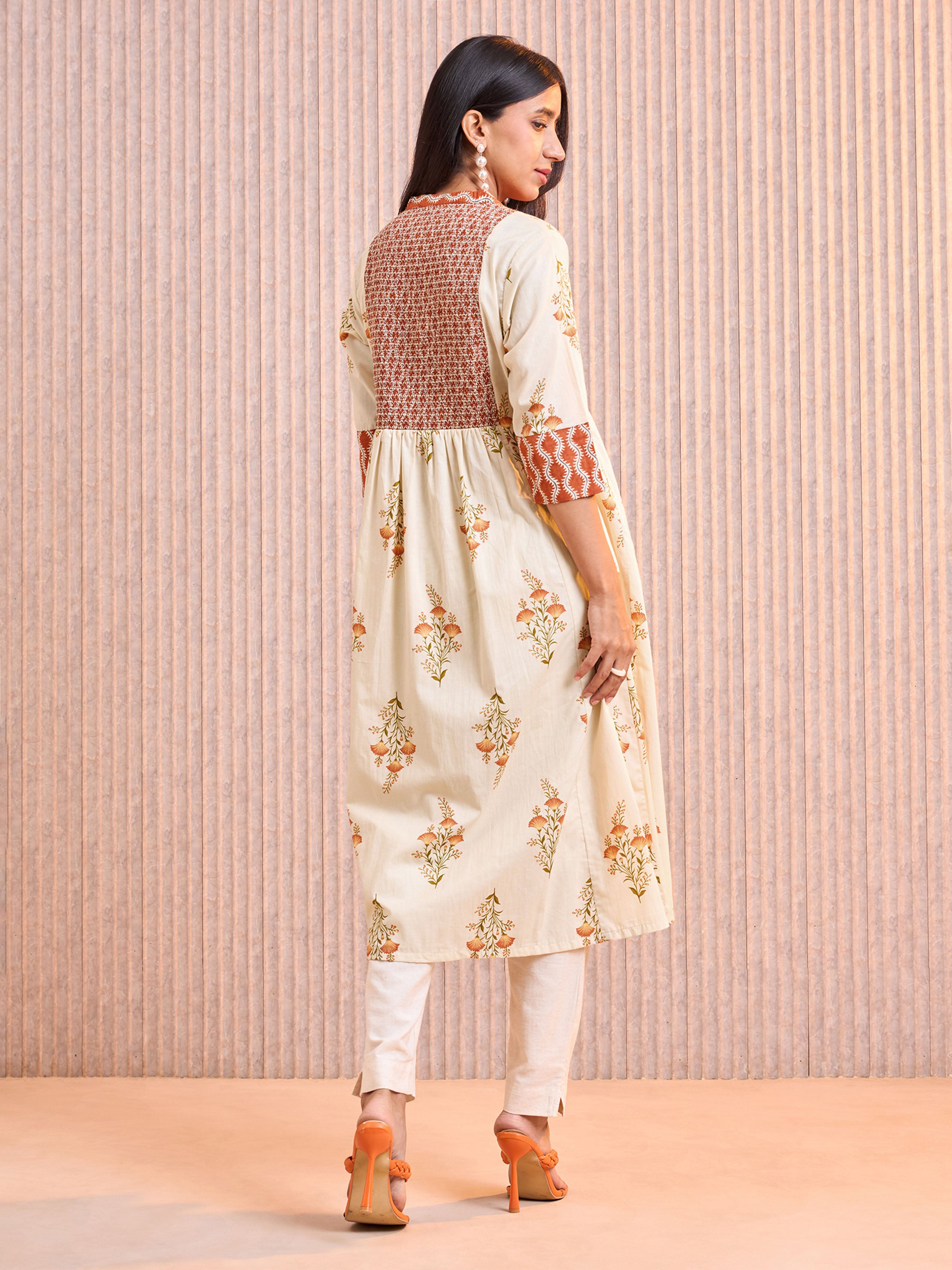 Beige Cotton Printed Kurti With Smocking Embroidery