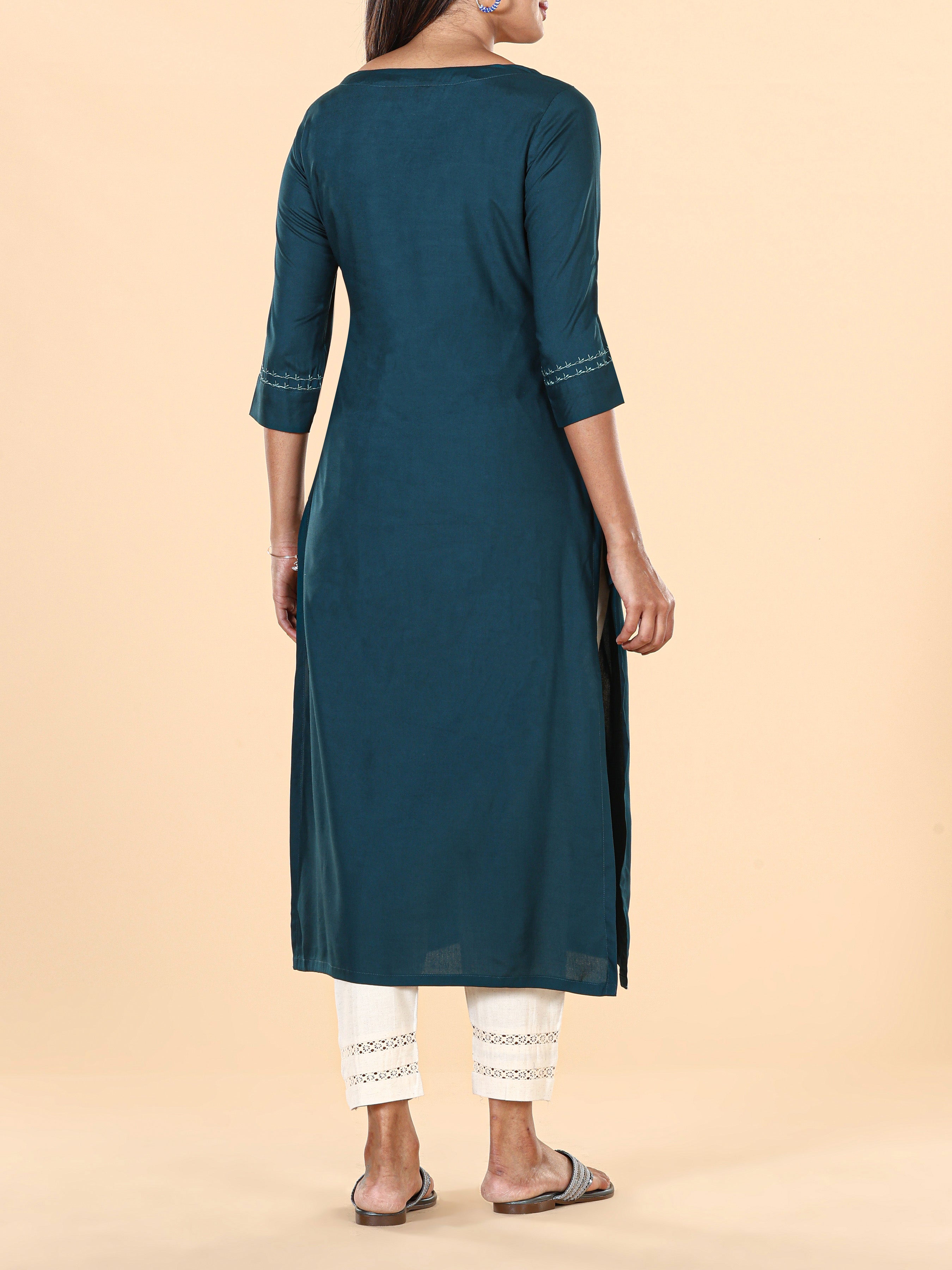 Teal Blue Viscose Plain Kurti With Embroidery