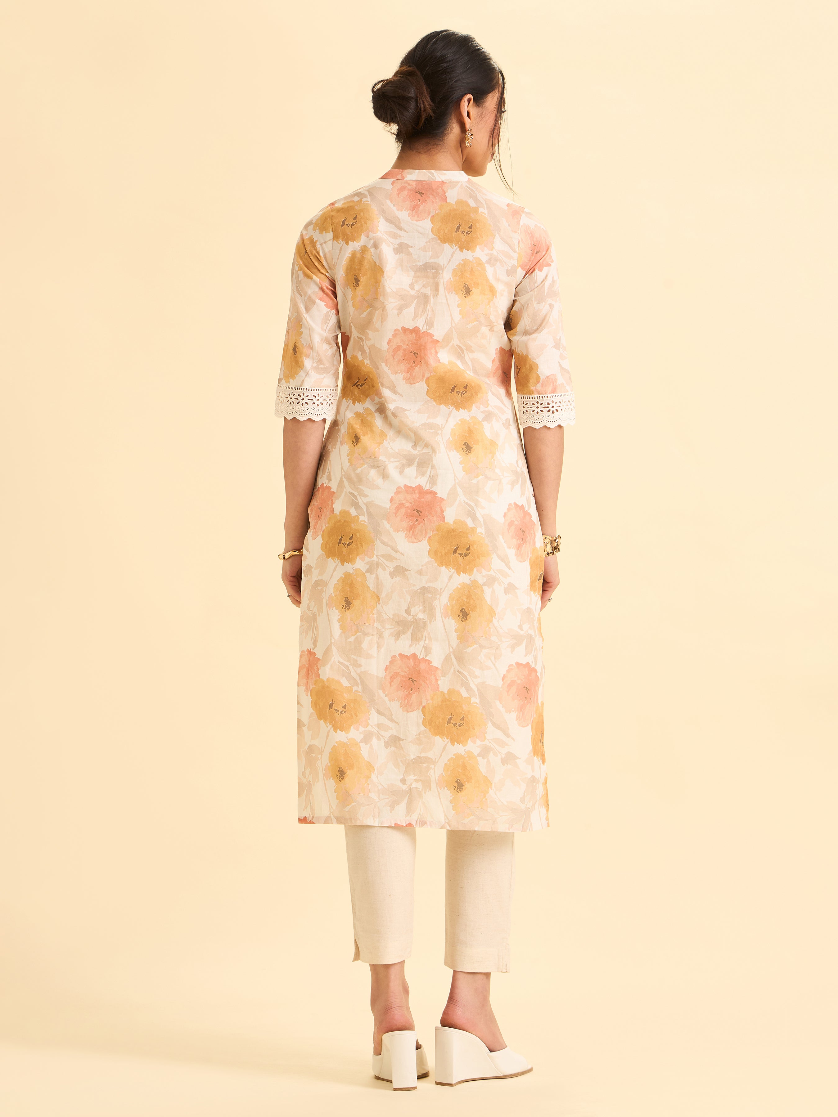 Ivory And Mustard Yellow Pure Cotton Printed Slited Kurti With Lace